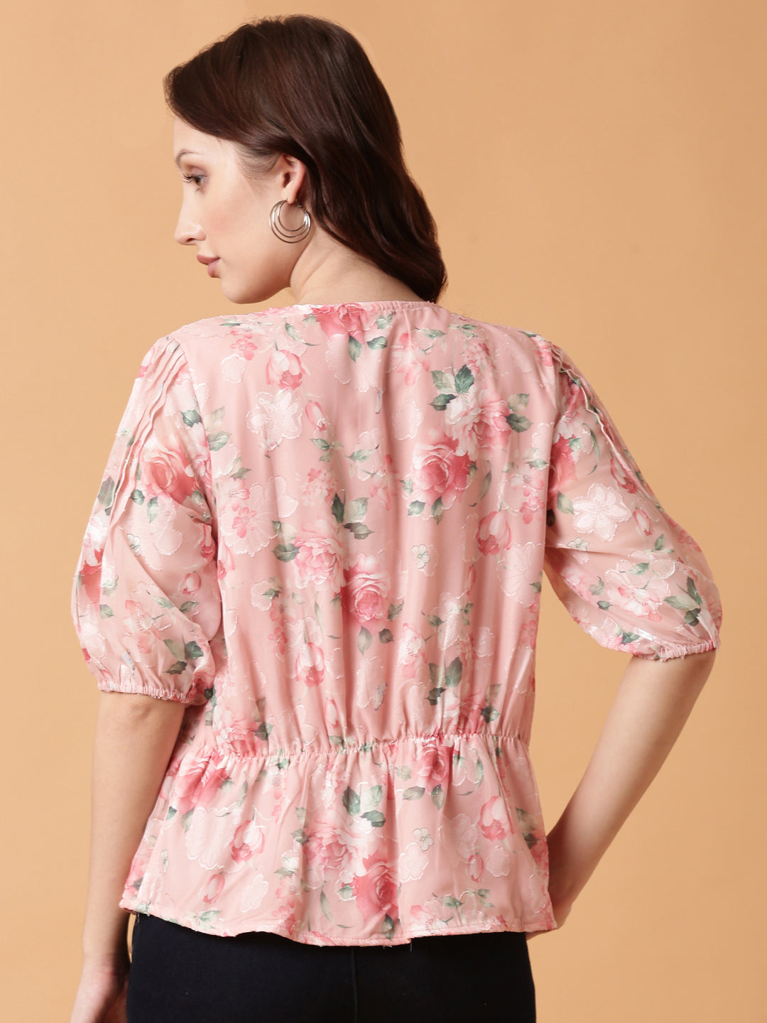 Women's Pink Floral Print Puff Sleeve Georgette Peplum Top