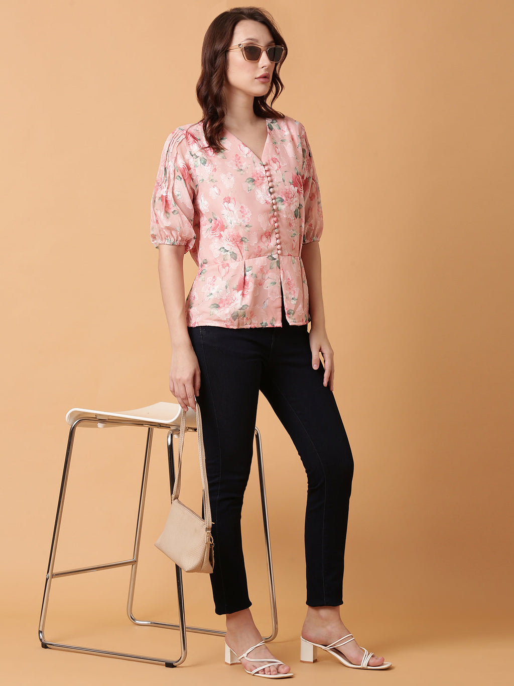 Women's Pink Floral Print Puff Sleeve Georgette Peplum Top