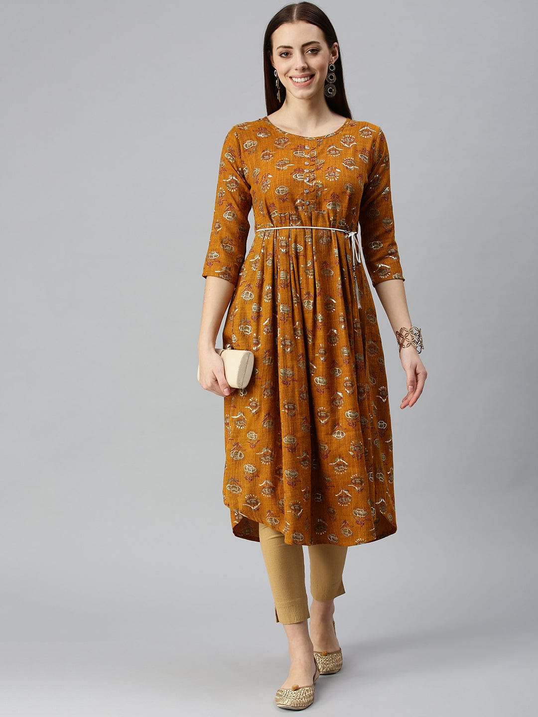 Women's Printed Mustard A-Line Kurta