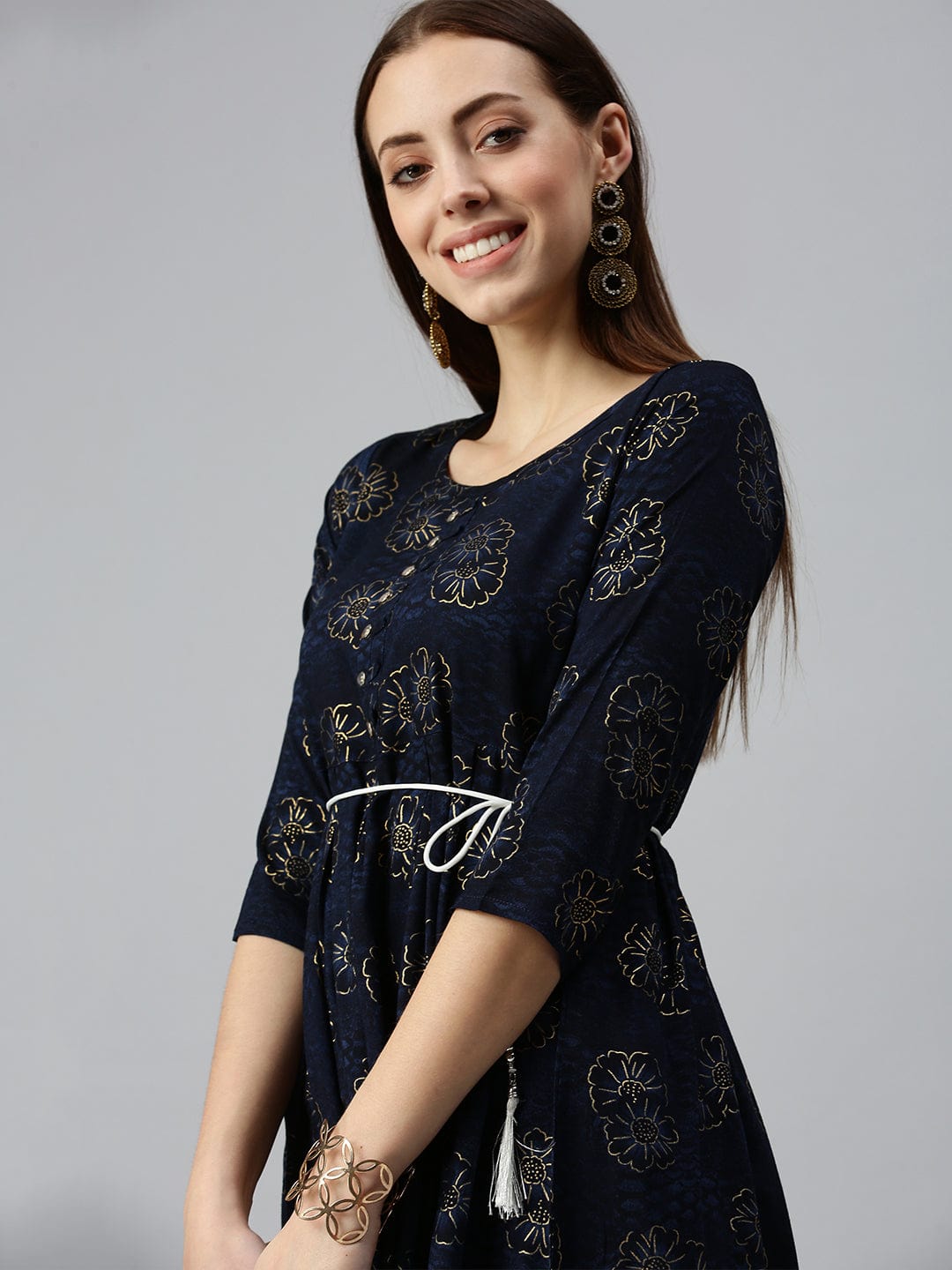 Women's Printed Navy Blue A-Line Kurta