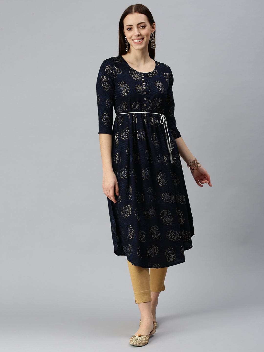 Women's Printed Navy Blue A-Line Kurta
