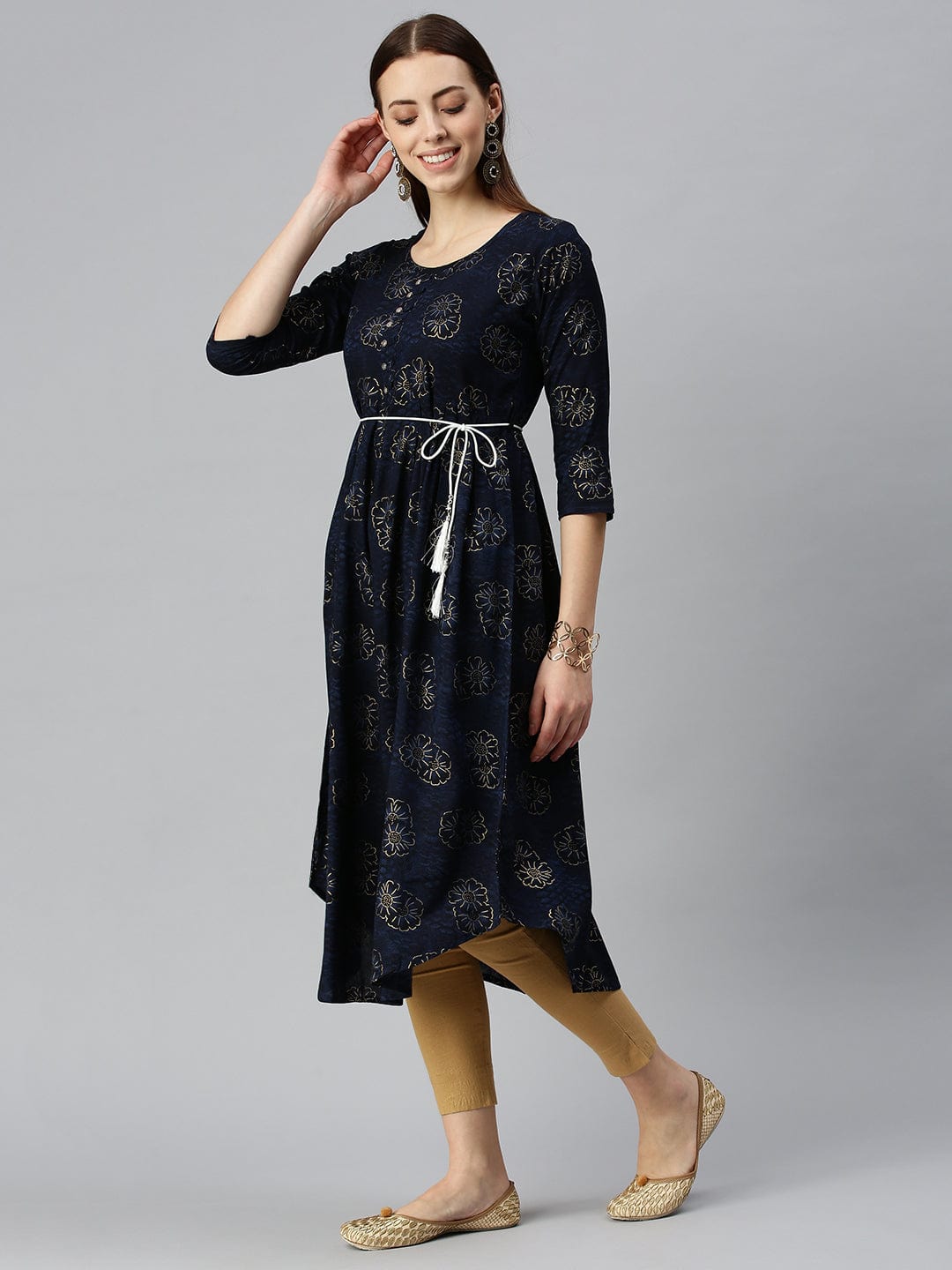 Women's Printed Navy Blue A-Line Kurta