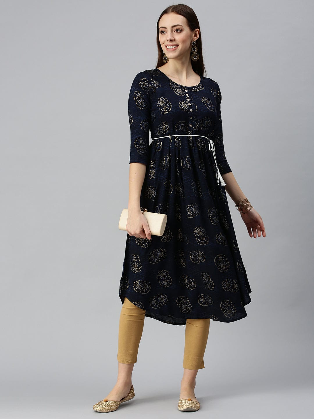 Women's Printed Navy Blue A-Line Kurta