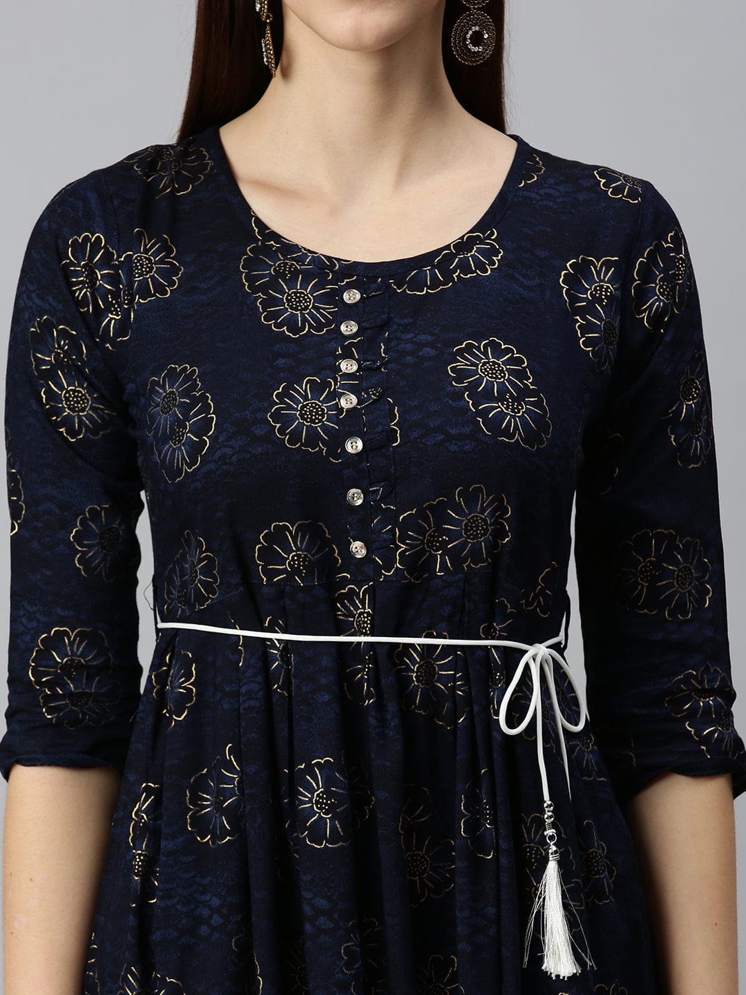 Women's Printed Navy Blue A-Line Kurta