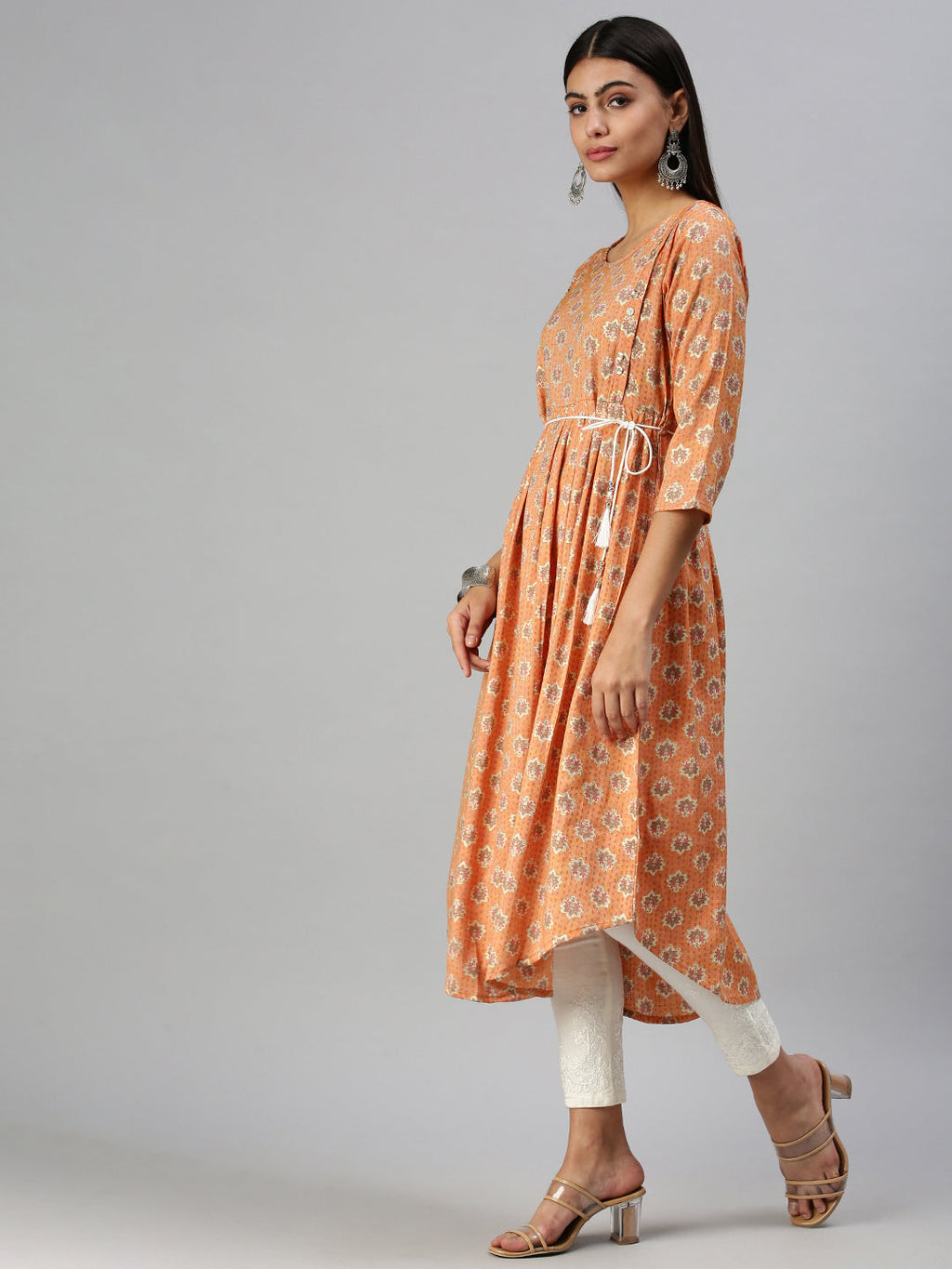 Women's Orange Ethnic Motifs Printed Cotton A-Line Kurta