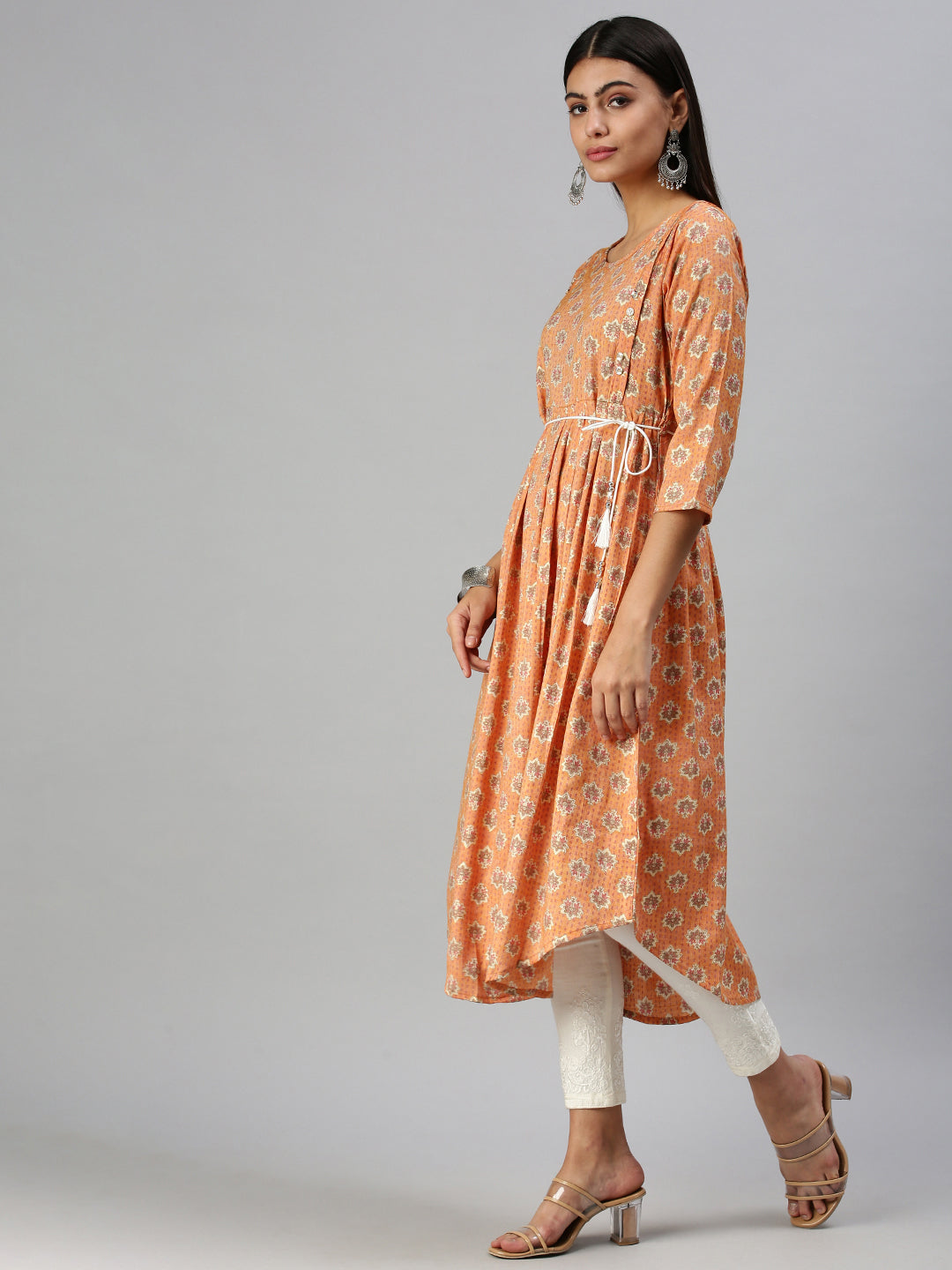 Women's Orange Ethnic Motifs Printed Cotton A-Line Kurta