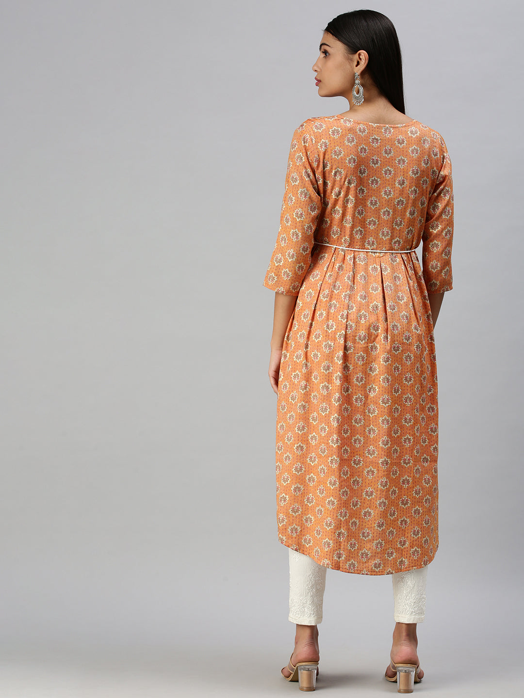 Women's Orange Ethnic Motifs Printed Cotton A-Line Kurta