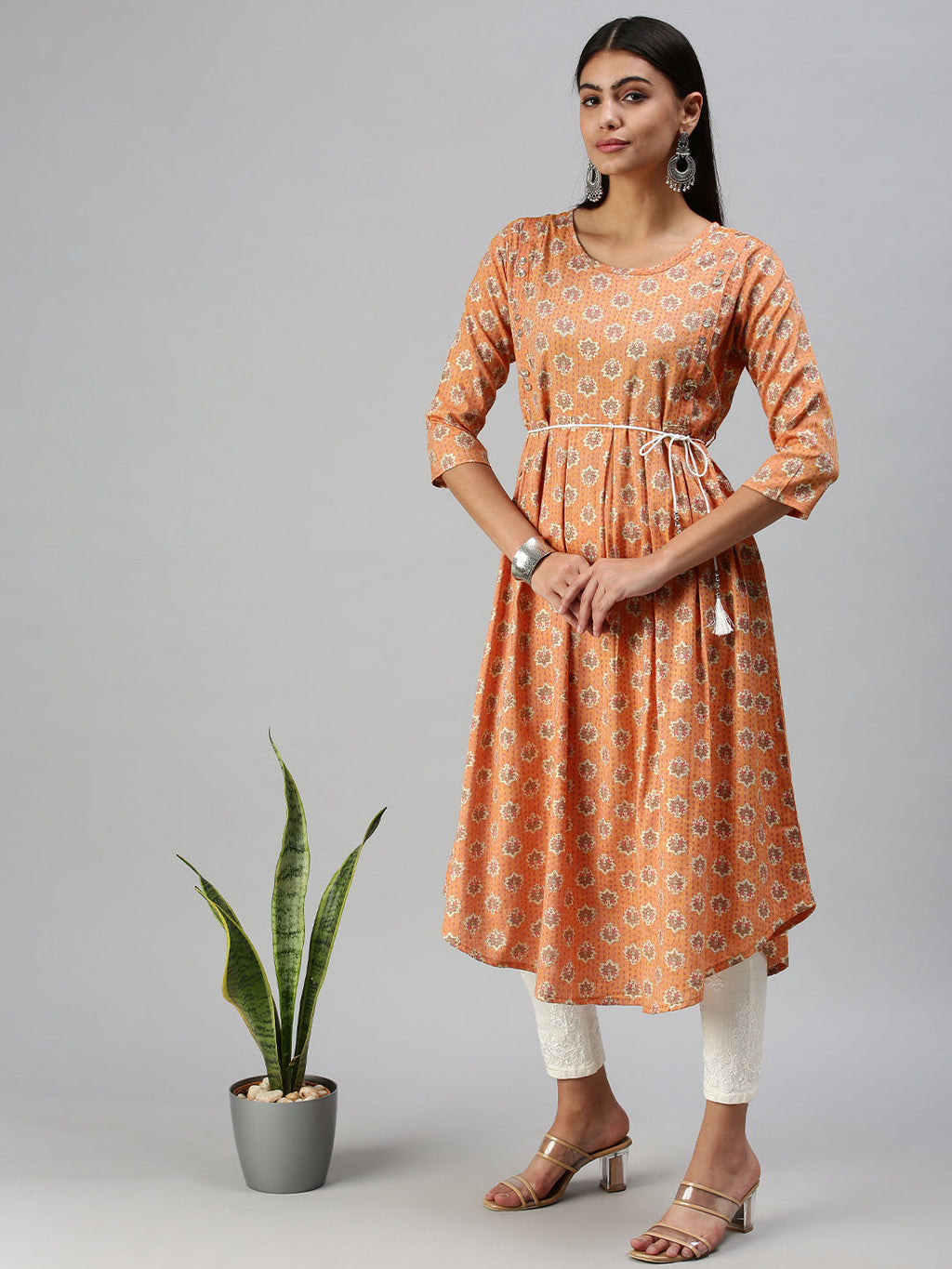 Women's Orange Ethnic Motifs Printed Cotton A-Line Kurta