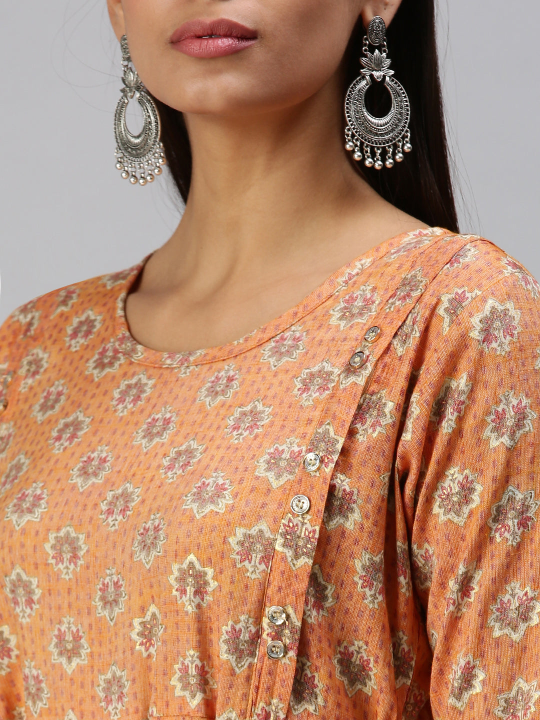 Women's Orange Ethnic Motifs Printed Cotton A-Line Kurta