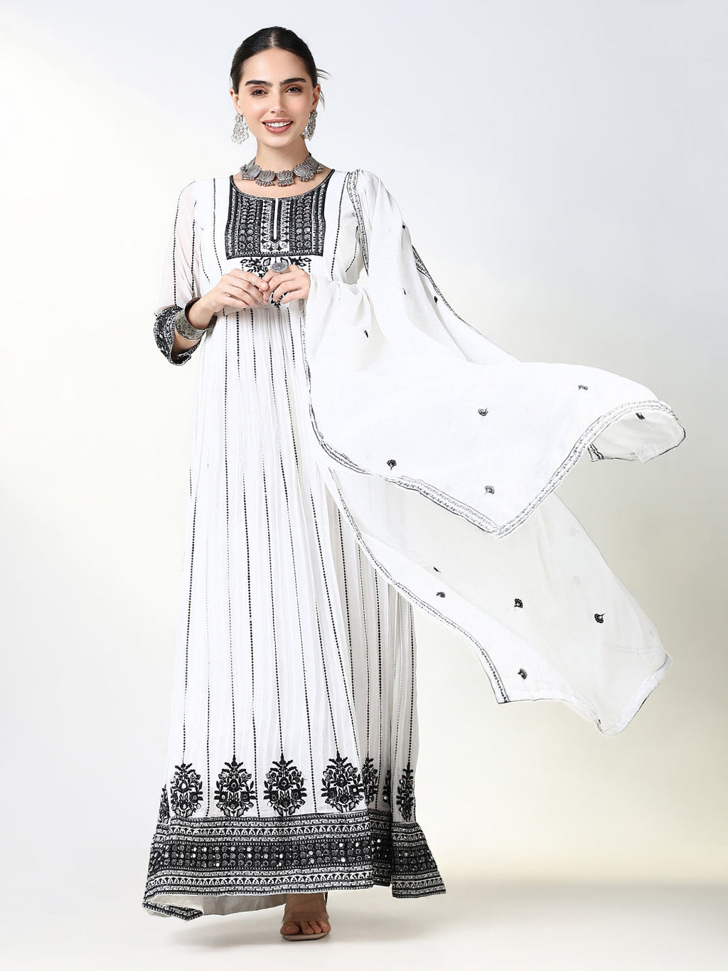 Women's White Embroidered Anarkali Kurta Sets with Dupatta