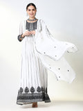 Women's White Embroidered Anarkali Kurta Sets with Dupatta