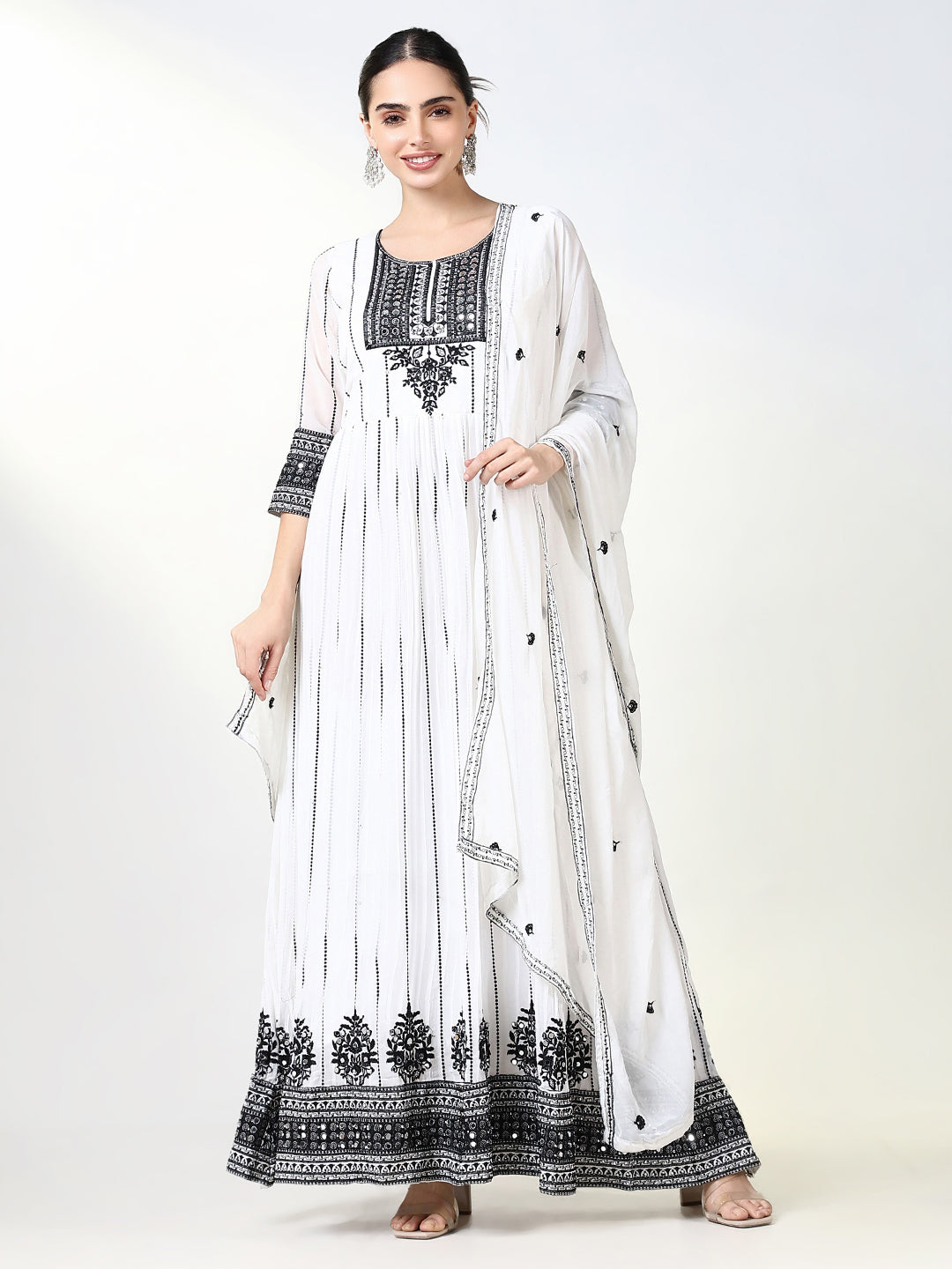 Women's White Embroidered Anarkali Kurta Sets with Dupatta