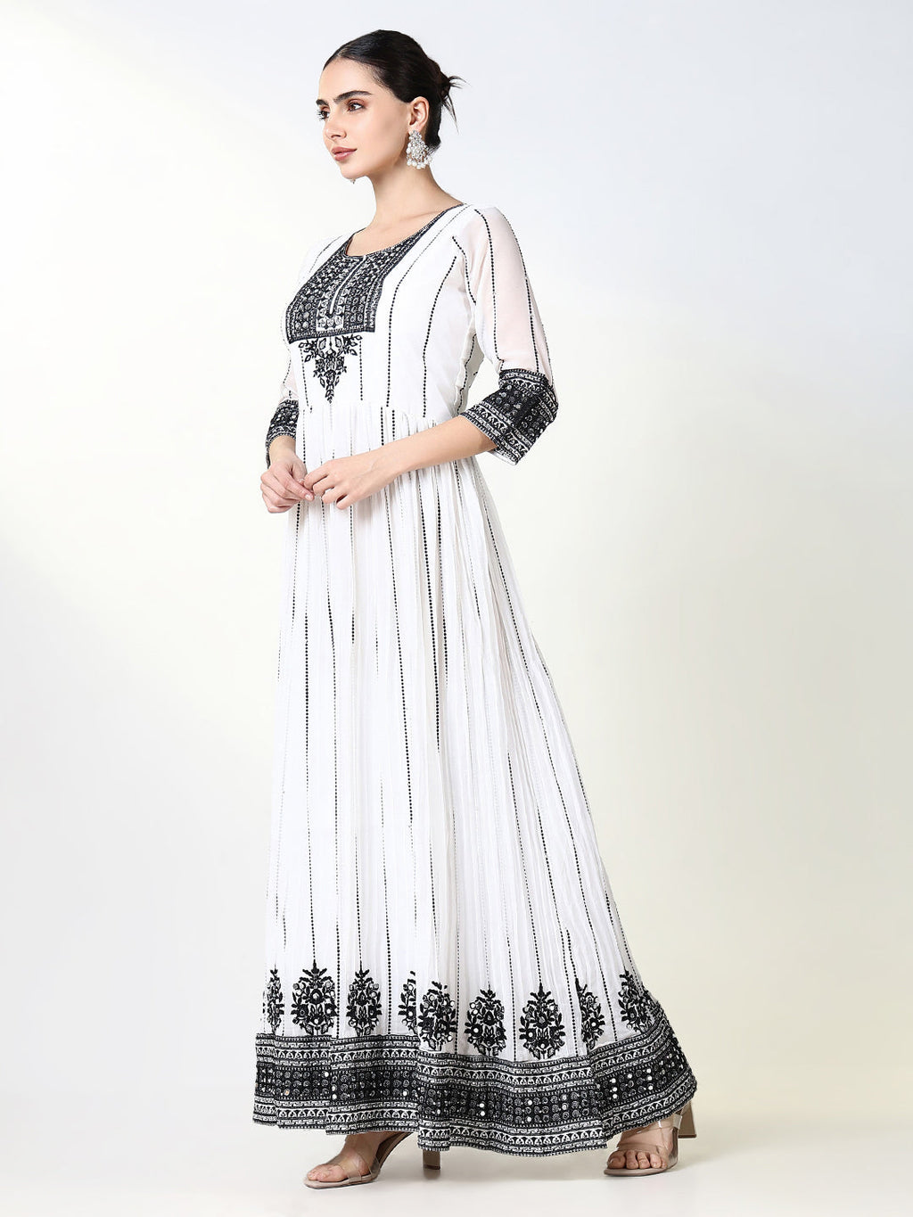 Women's White Embroidered Anarkali Kurta Sets with Dupatta