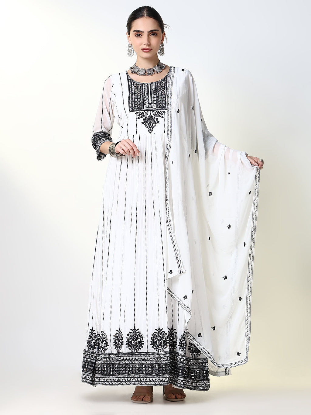 Women's White Embroidered Anarkali Kurta Sets with Dupatta