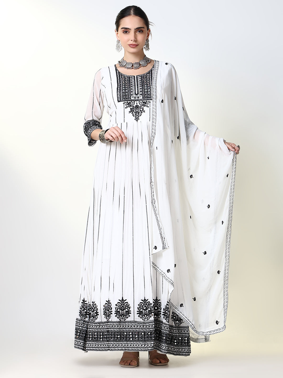 Women's White Embroidered Anarkali Kurta Sets with Dupatta