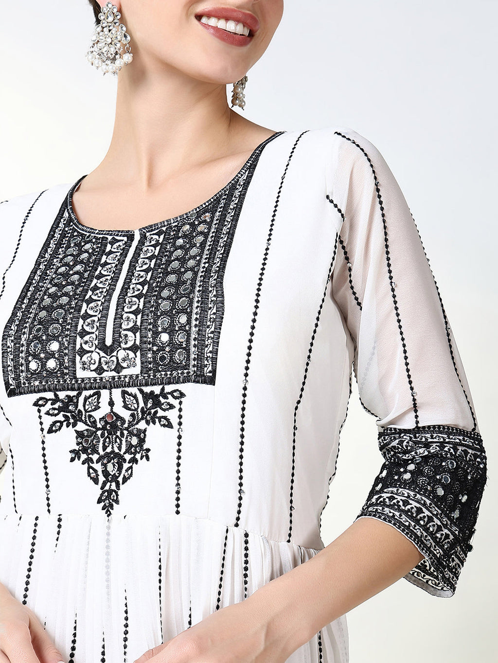 Women's White Embroidered Anarkali Kurta Sets with Dupatta