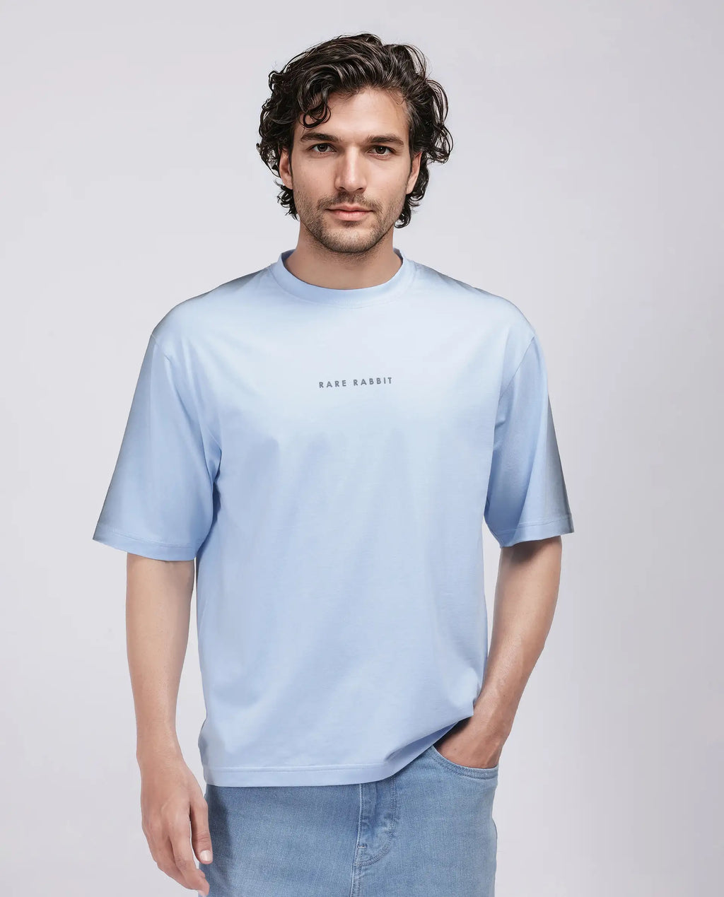 Rare Rabbit Men's Kruv Blue Cotton Printed Boxy Fit Half Sleeve Crew Neck T-Shirt