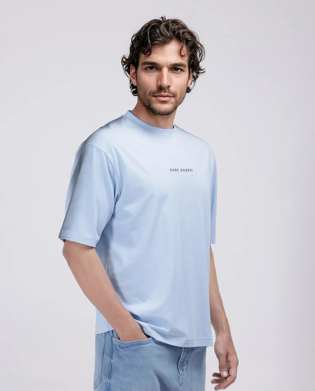 Rare Rabbit Men's Kruv Blue Cotton Printed Boxy Fit Half Sleeve Crew Neck T-Shirt