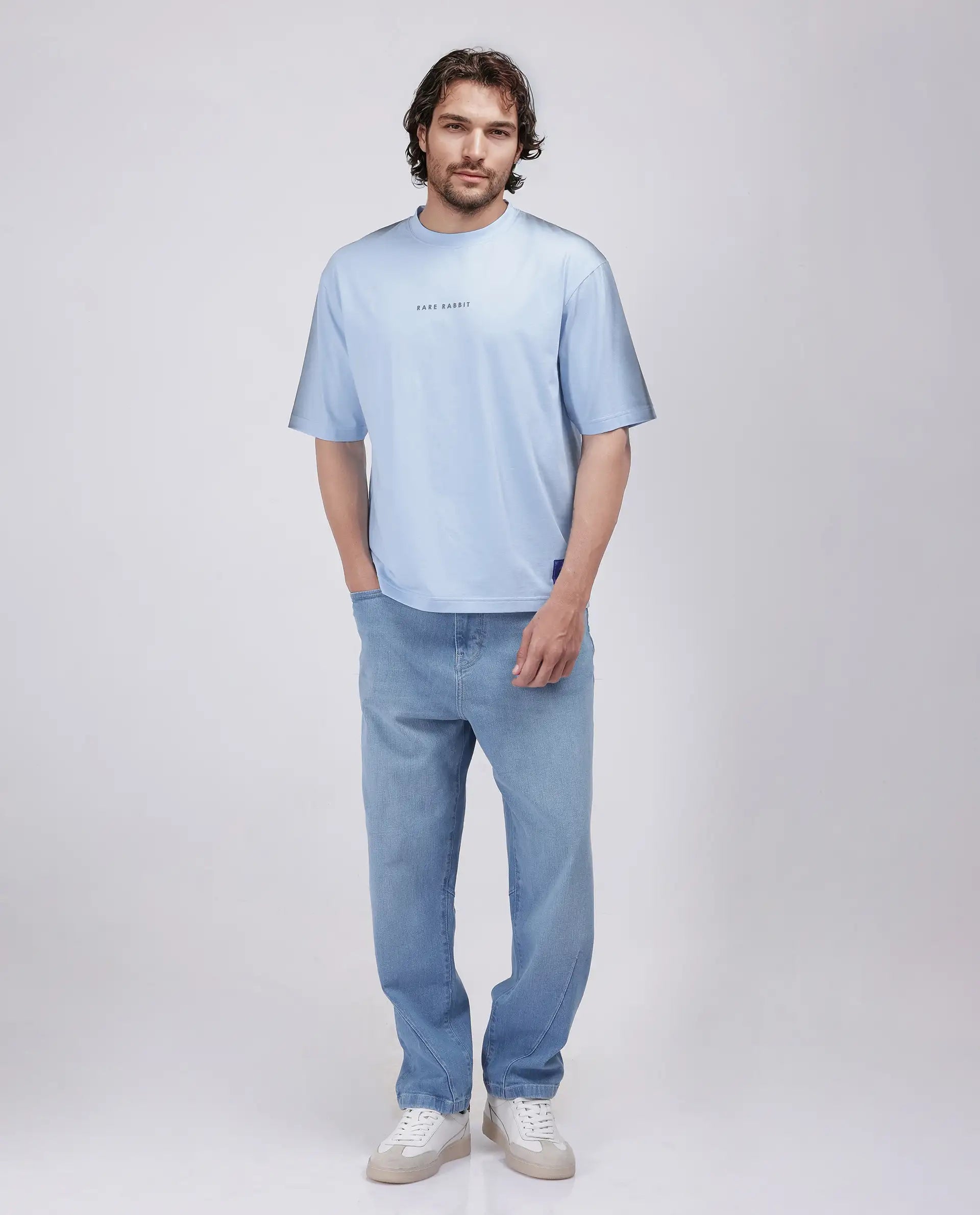 Rare Rabbit Men's Kruv Blue Cotton Printed Boxy Fit Half Sleeve Crew Neck T-Shirt