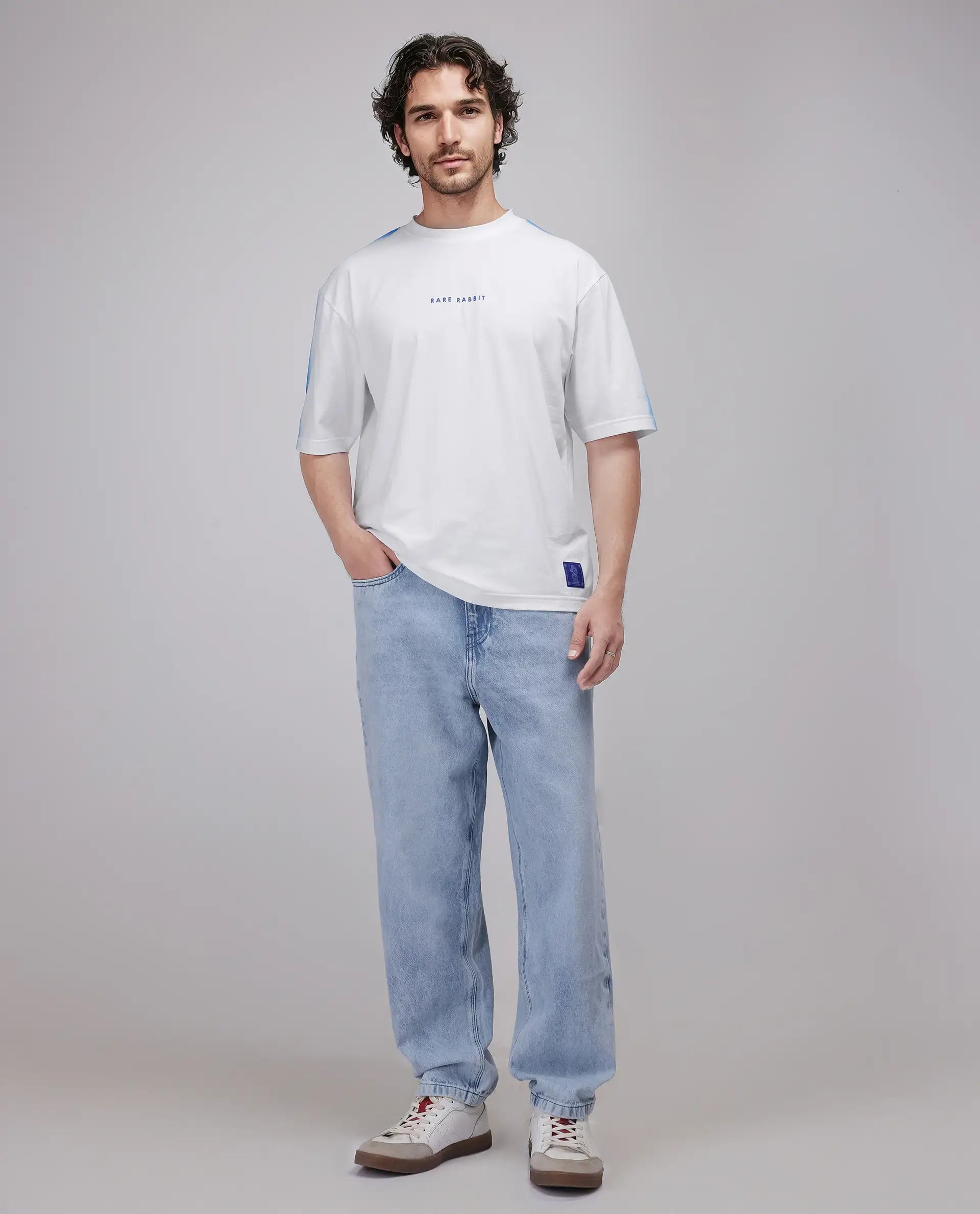 Rare Rabbit Men's Kruv White Cotton Printed Boxy Fit Half Sleeve Crew Neck T-Shirt