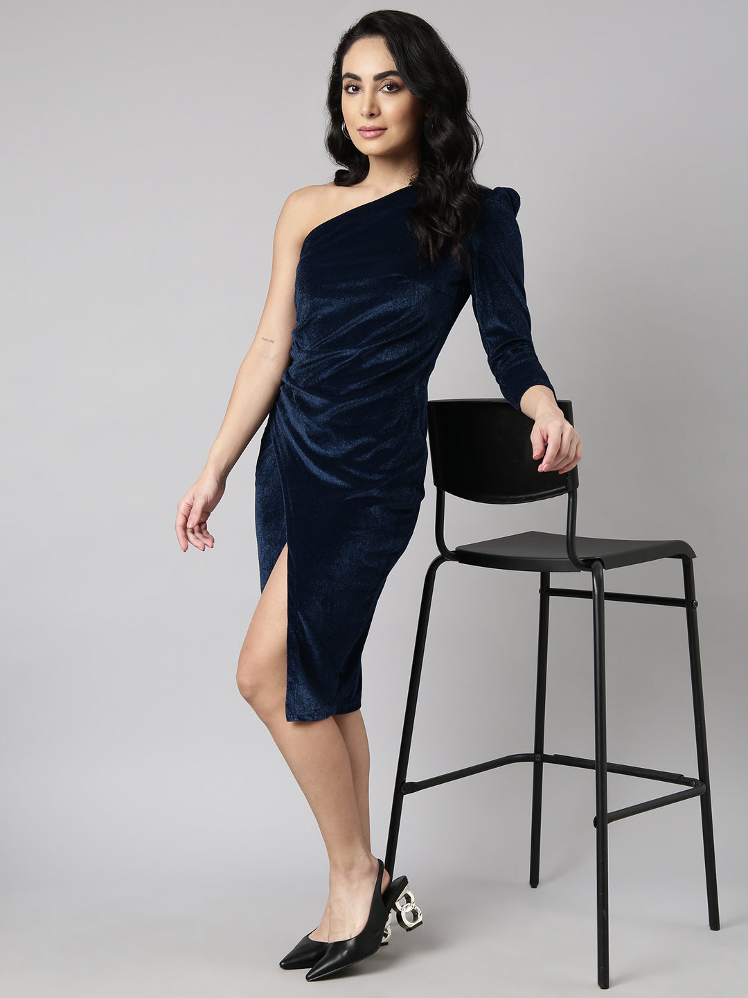 Women's Teal One Shoulder Long Sleeves Wrap Sheath Dress