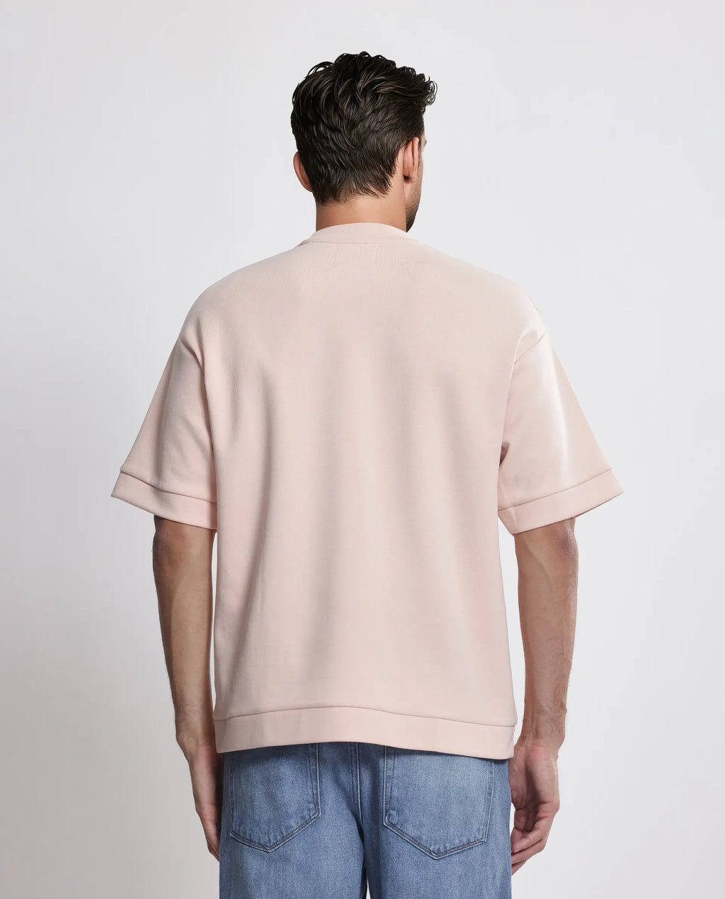 Rare Rabbit Men's Lauch Pastel Orange Cotton Blend Plain Oversized Fit Half Sleeve Crew Neck T-Shirt