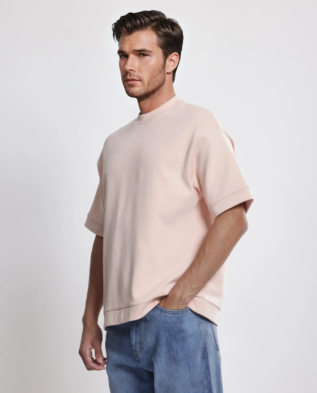Rare Rabbit Men's Lauch Pastel Orange Cotton Blend Plain Oversized Fit Half Sleeve Crew Neck T-Shirt