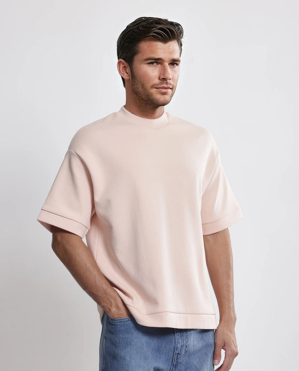 Rare Rabbit Men's Lauch Pastel Orange Cotton Blend Plain Oversized Fit Half Sleeve Crew Neck T-Shirt
