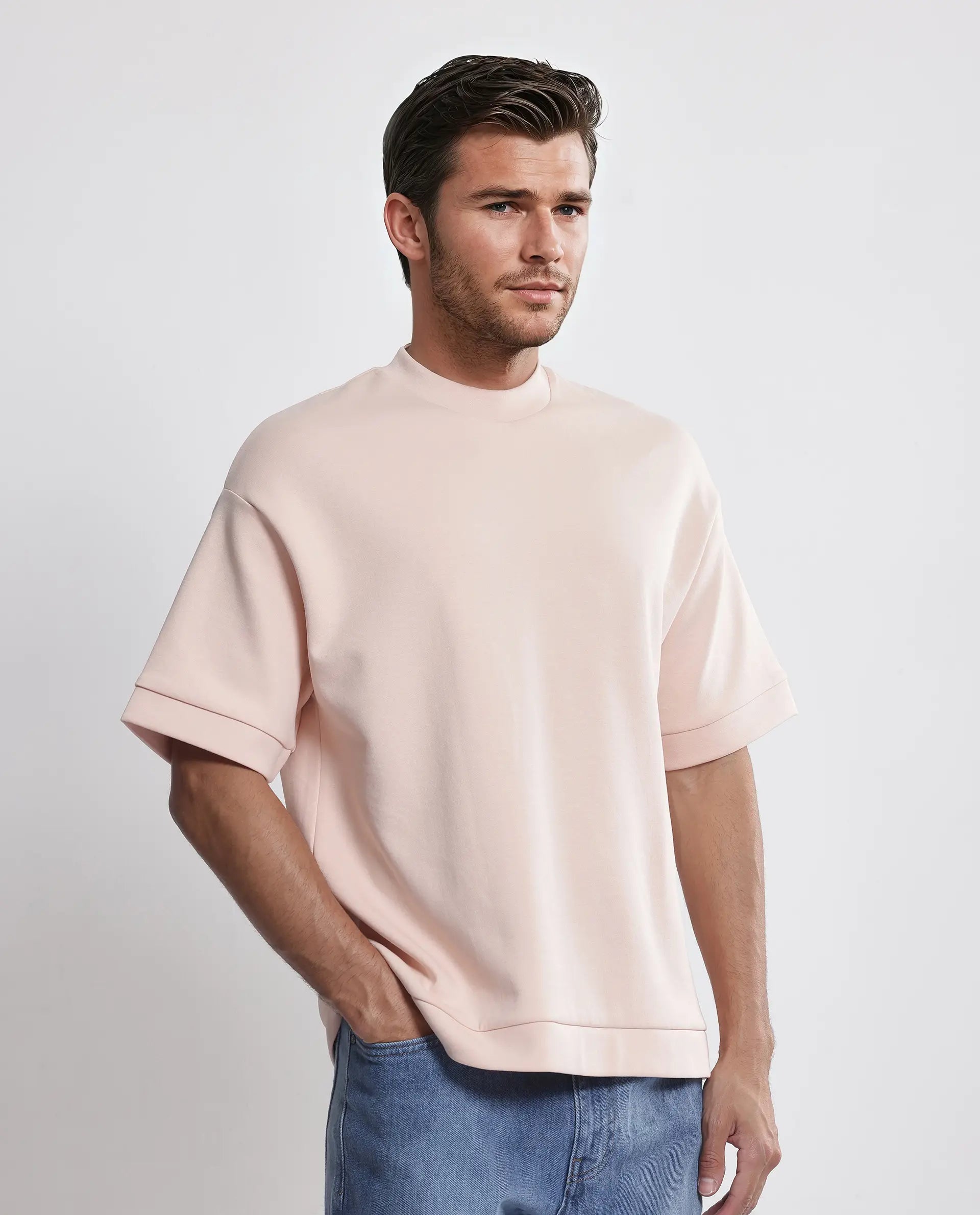 Rare Rabbit Men's Lauch Pastel Orange Cotton Blend Plain Oversized Fit Half Sleeve Crew Neck T-Shirt