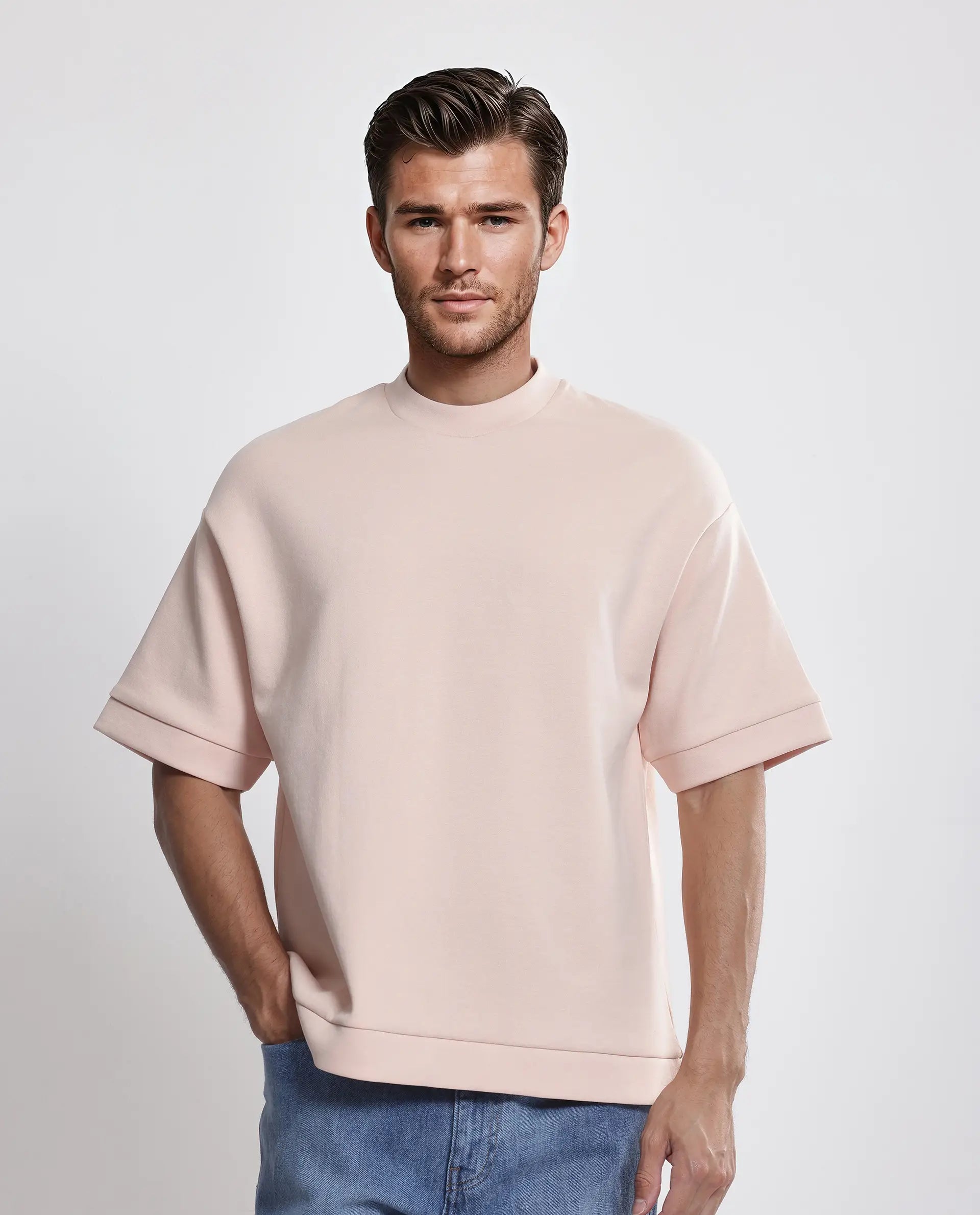 Rare Rabbit Men's Lauch Pastel Orange Cotton Blend Plain Oversized Fit Half Sleeve Crew Neck T-Shirt