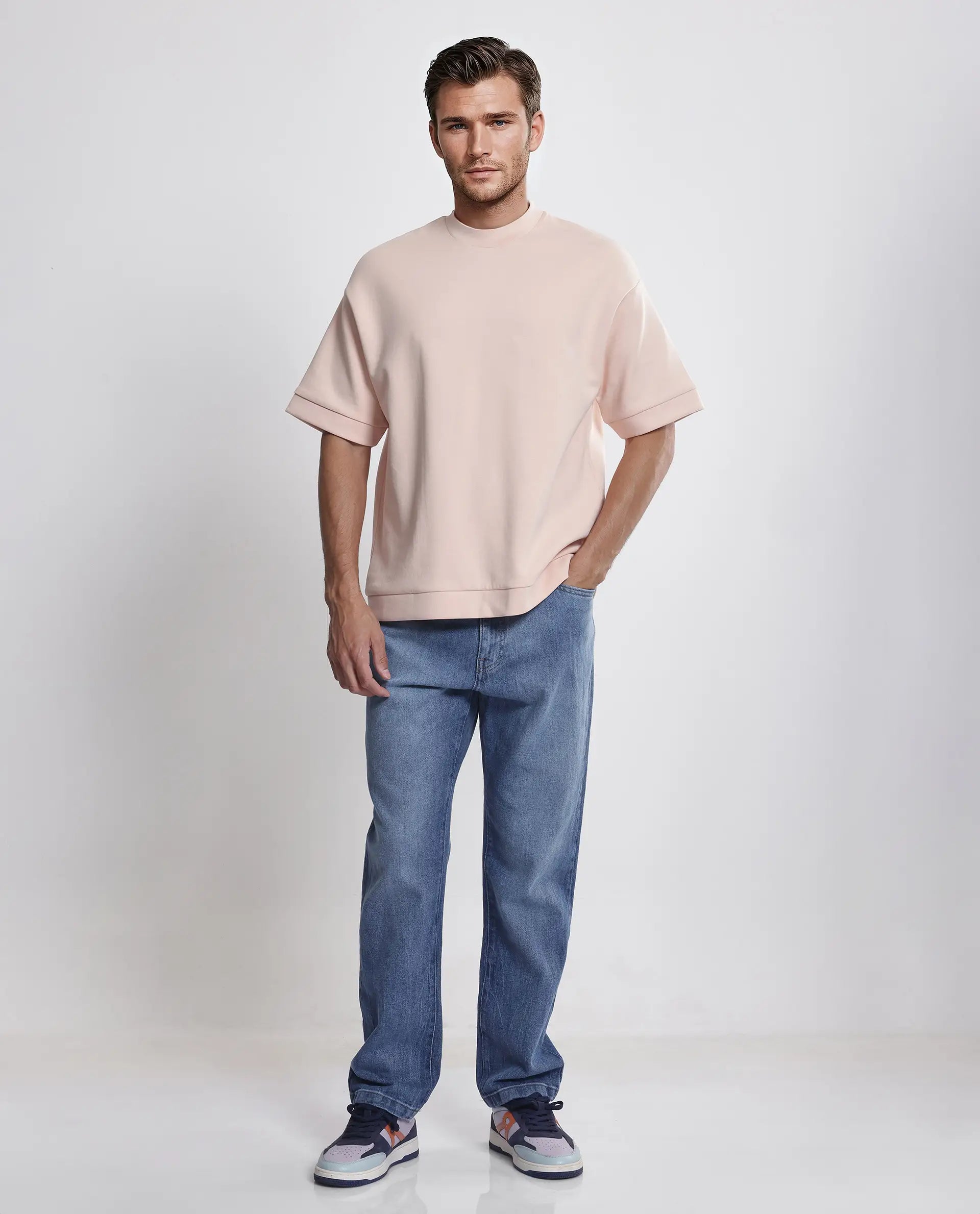 Rare Rabbit Men's Lauch Pastel Orange Cotton Blend Plain Oversized Fit Half Sleeve Crew Neck T-Shirt