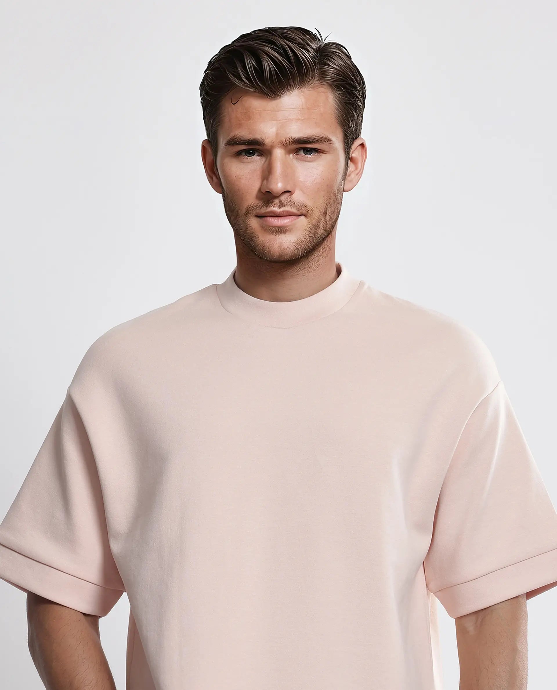 Rare Rabbit Men's Lauch Pastel Orange Cotton Blend Plain Oversized Fit Half Sleeve Crew Neck T-Shirt