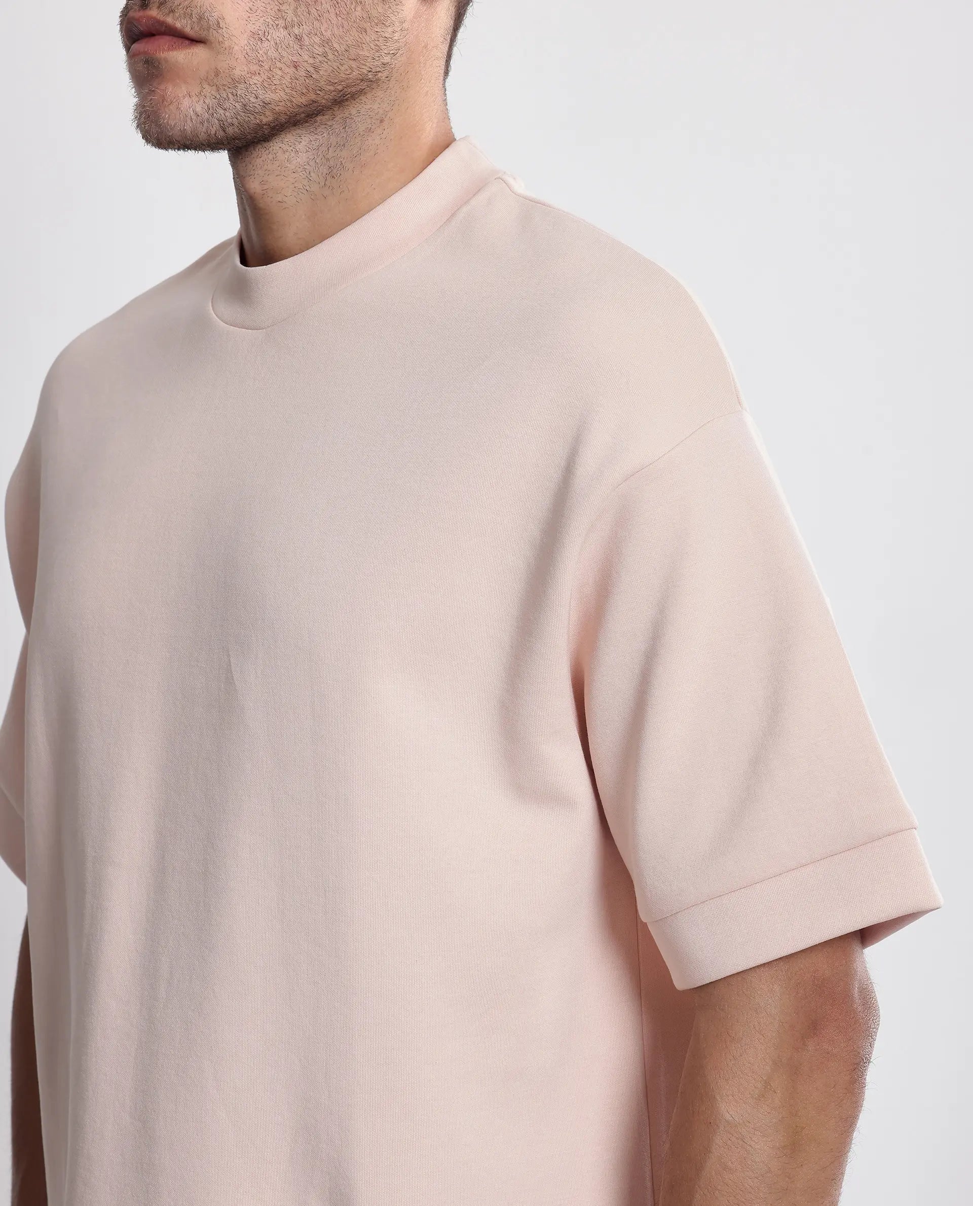 Rare Rabbit Men's Lauch Pastel Orange Cotton Blend Plain Oversized Fit Half Sleeve Crew Neck T-Shirt