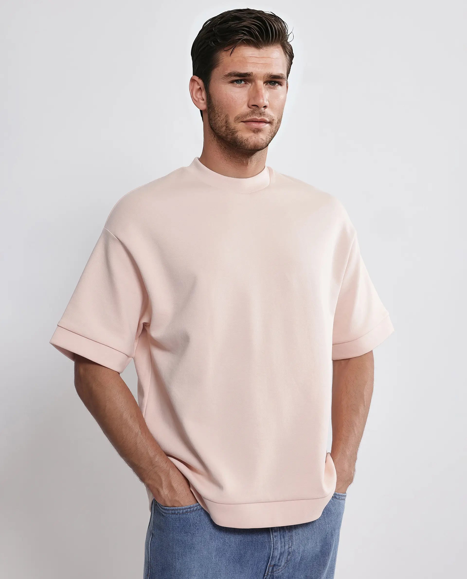 Rare Rabbit Men's Lauch Pastel Orange Cotton Blend Plain Oversized Fit Half Sleeve Crew Neck T-Shirt