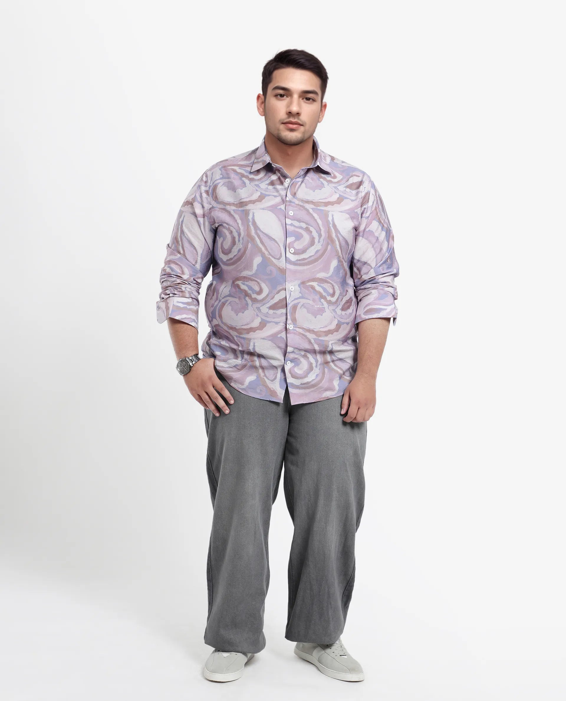 Rare Rabbit Men Lavato-L Light Purple Nylon Viscose Full Sleeve Cuban Collar Button Closure Boxy Fit Abstract Print Shirt