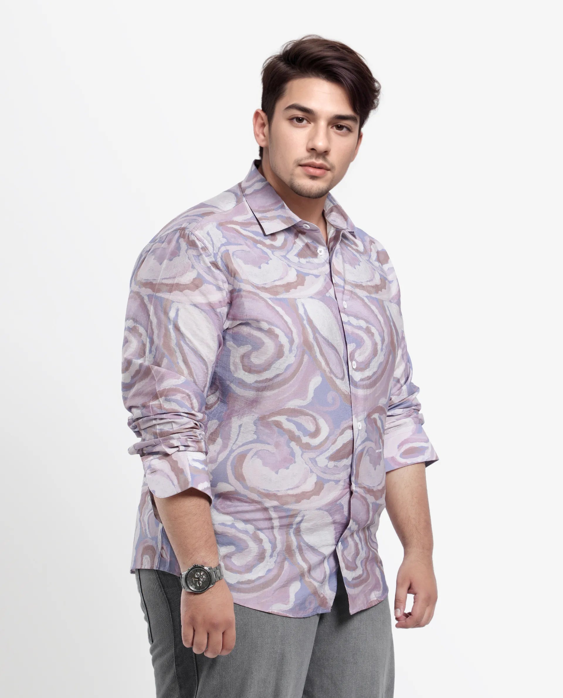 Rare Rabbit Men Lavato-L Light Purple Nylon Viscose Full Sleeve Cuban Collar Button Closure Boxy Fit Abstract Print Shirt