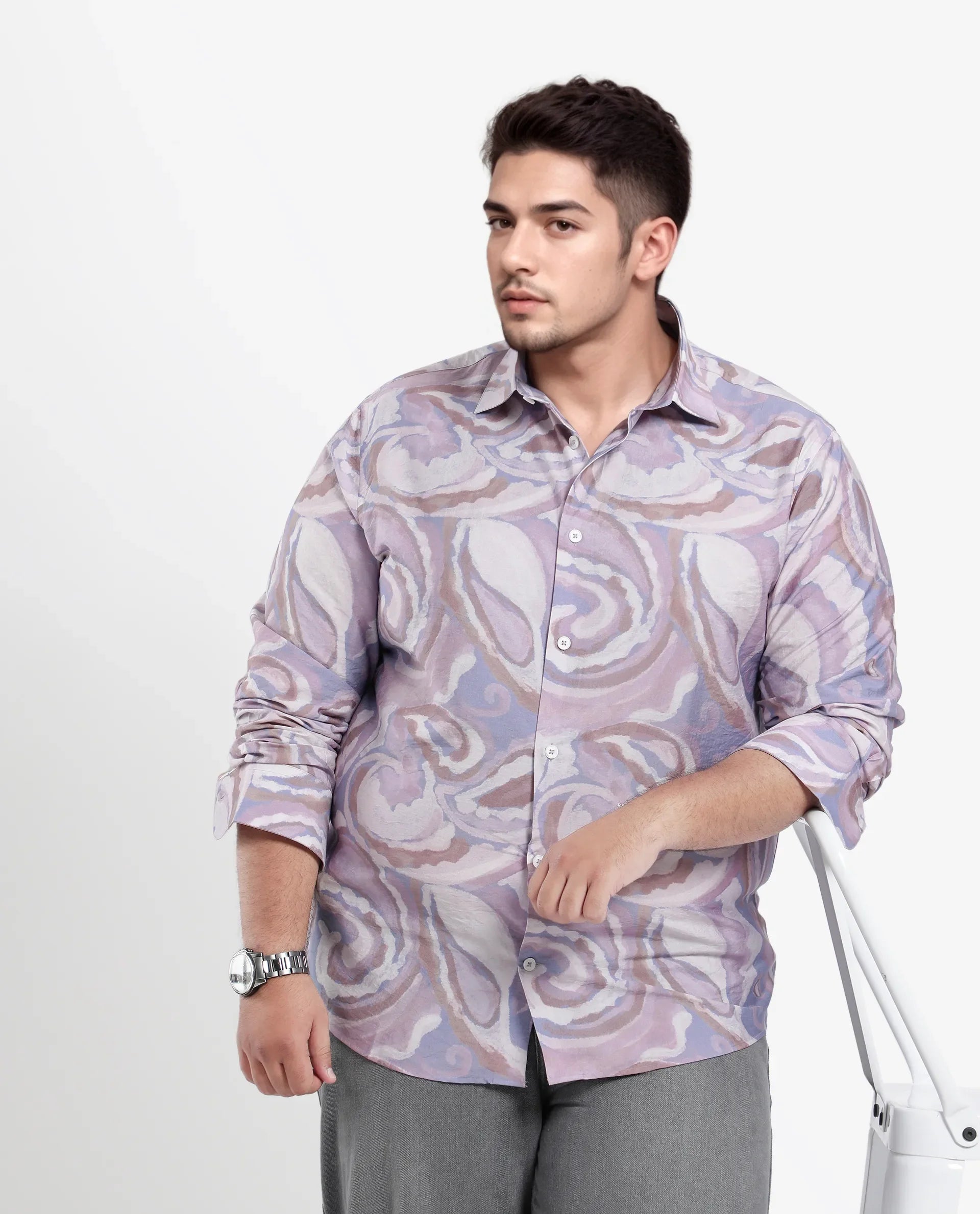 Rare Rabbit Men Lavato-L Light Purple Nylon Viscose Full Sleeve Cuban Collar Button Closure Boxy Fit Abstract Print Shirt