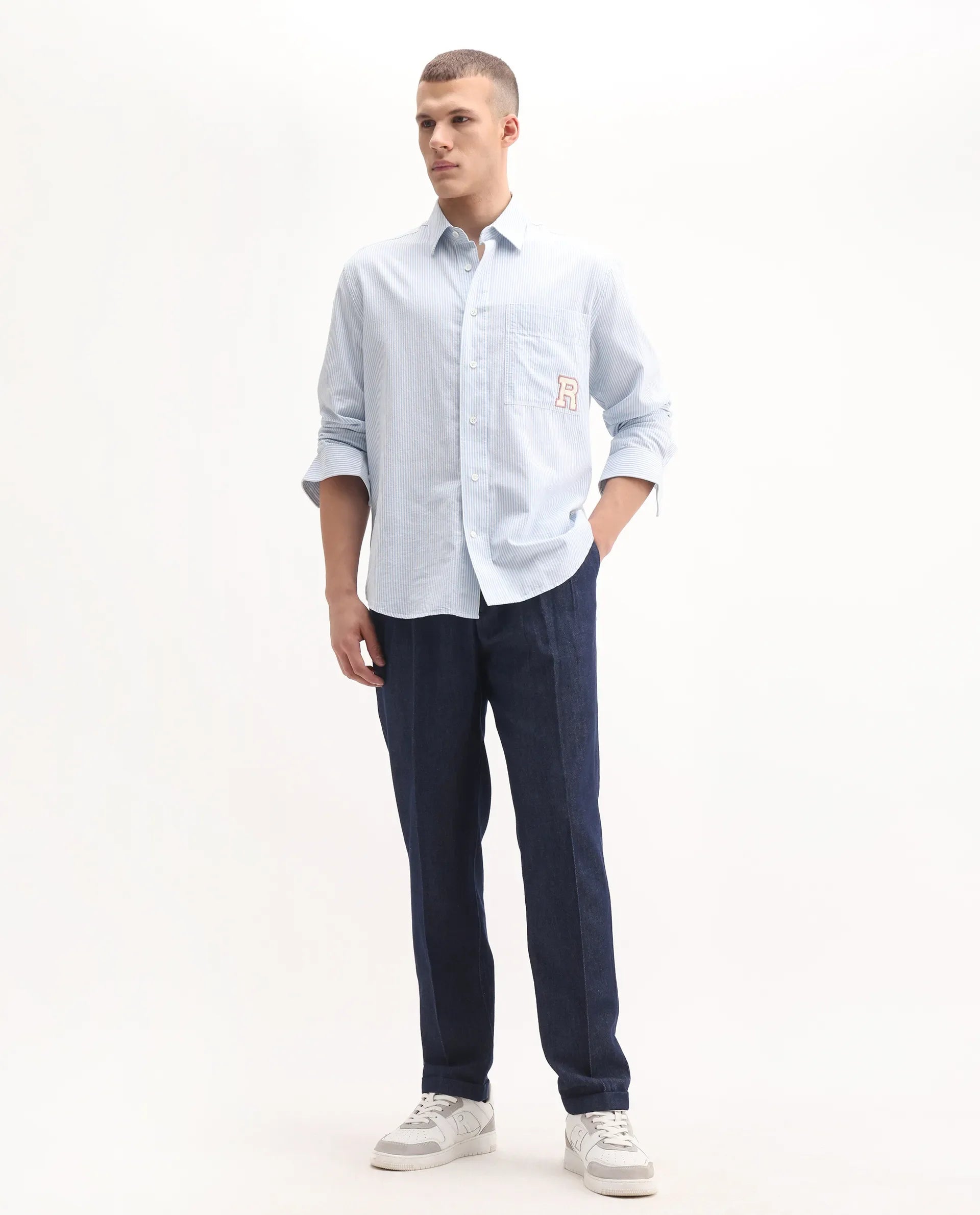 Rare Rabbit Men's Leni Blue Cotton Blend Plain Baggy Fit Trouser