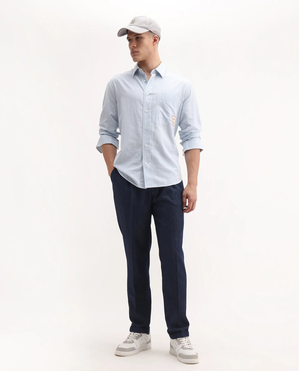 Rare Rabbit Men's Leni Blue Cotton Blend Plain Baggy Fit Trouser