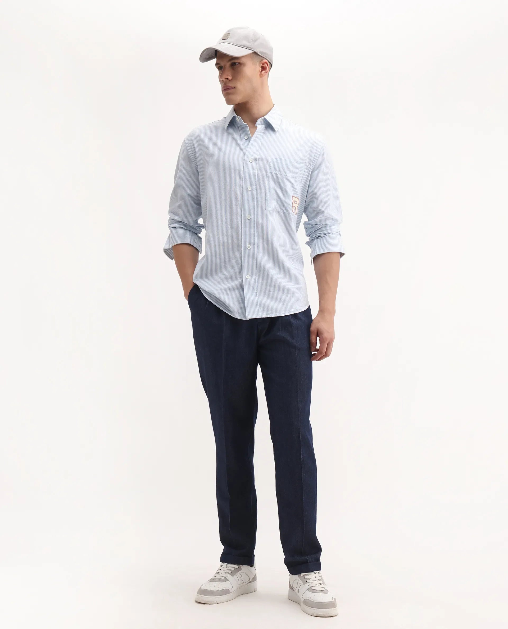 Rare Rabbit Men's Leni Blue Cotton Blend Plain Baggy Fit Trouser