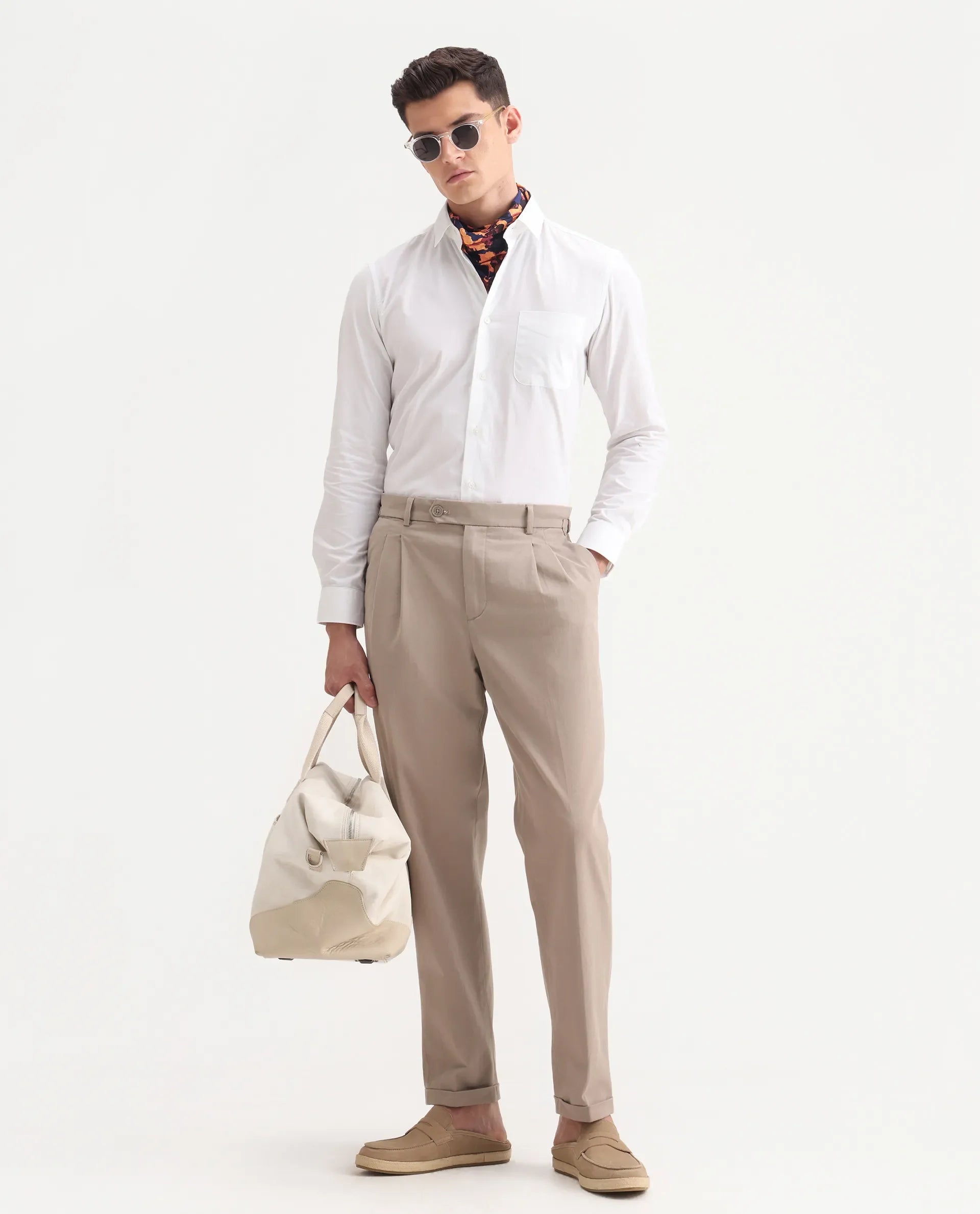 Rare Rabbit Men's Leni Dark Beige Cotton Blend Plain Regular Fit Trouser