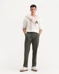 Rare Rabbit Men's Leni Olive Cotton Blend Plain Baggy Fit Trouser