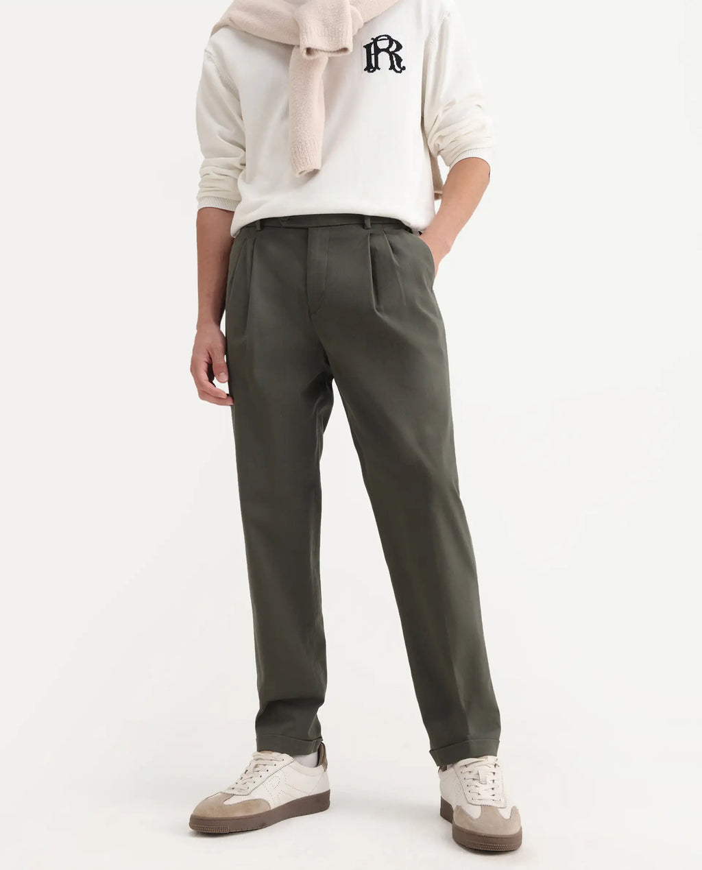 Rare Rabbit Men's Leni Olive Cotton Blend Plain Baggy Fit Trouser