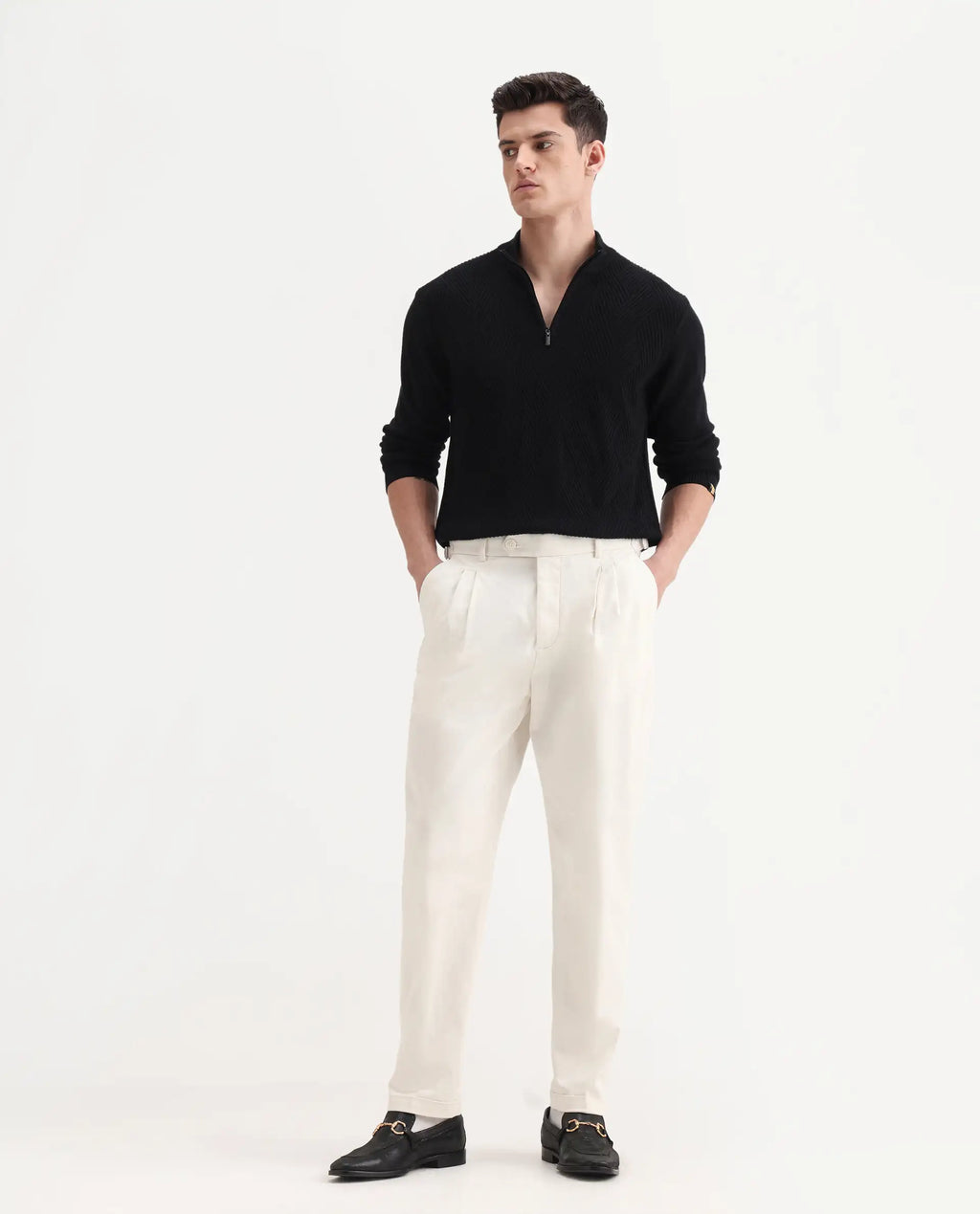 Rare Rabbit Men's Leni White Cotton Blend Plain Baggy Fit Trouser