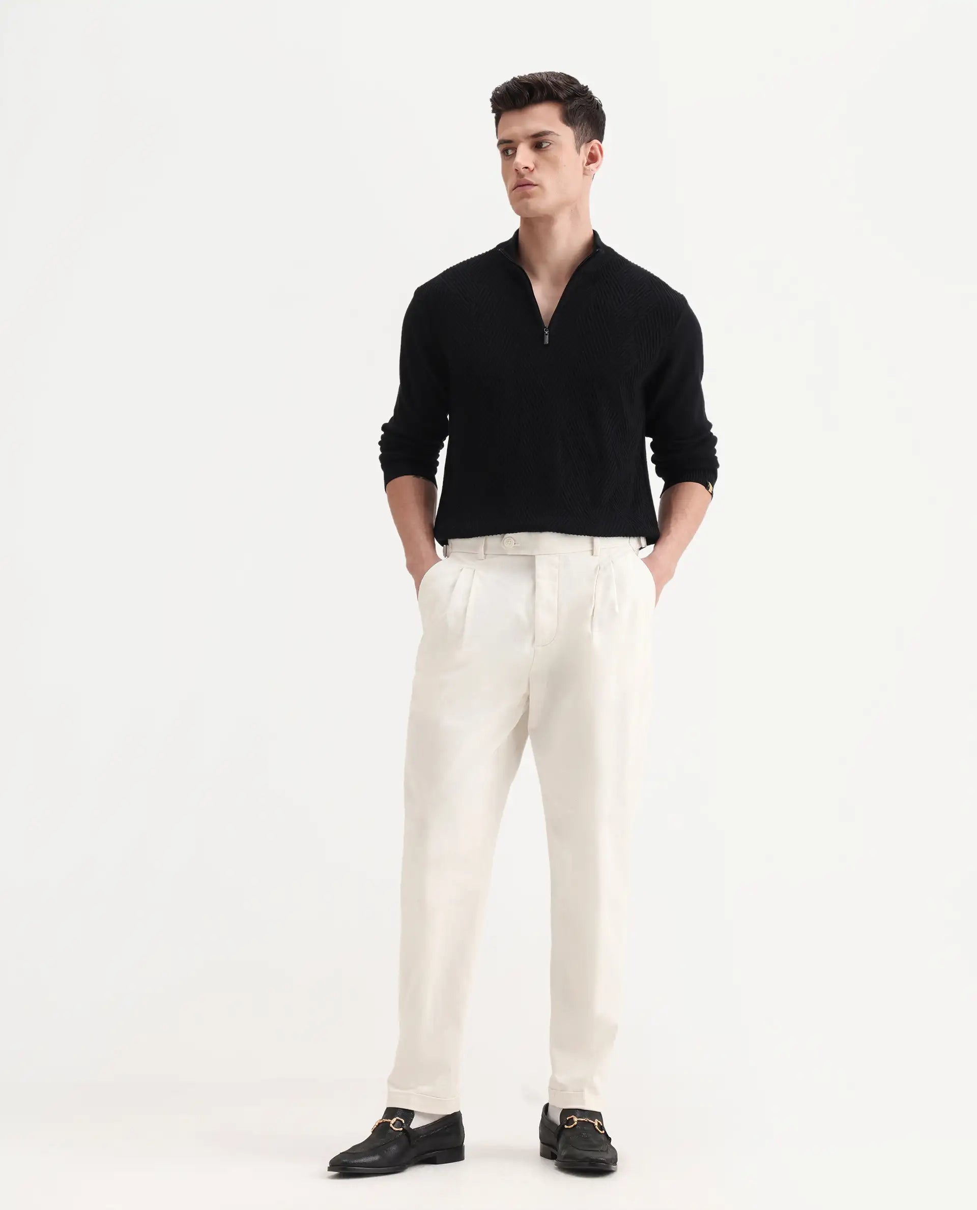 Rare Rabbit Men's Leni White Cotton Blend Plain Baggy Fit Trouser