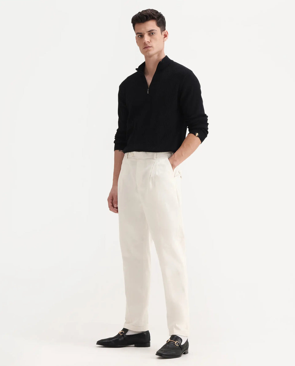 Rare Rabbit Men's Leni White Cotton Blend Plain Baggy Fit Trouser