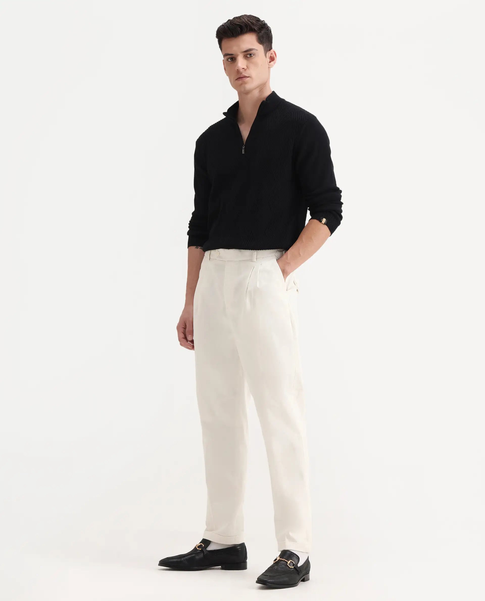 Rare Rabbit Men's Leni White Cotton Blend Plain Baggy Fit Trouser