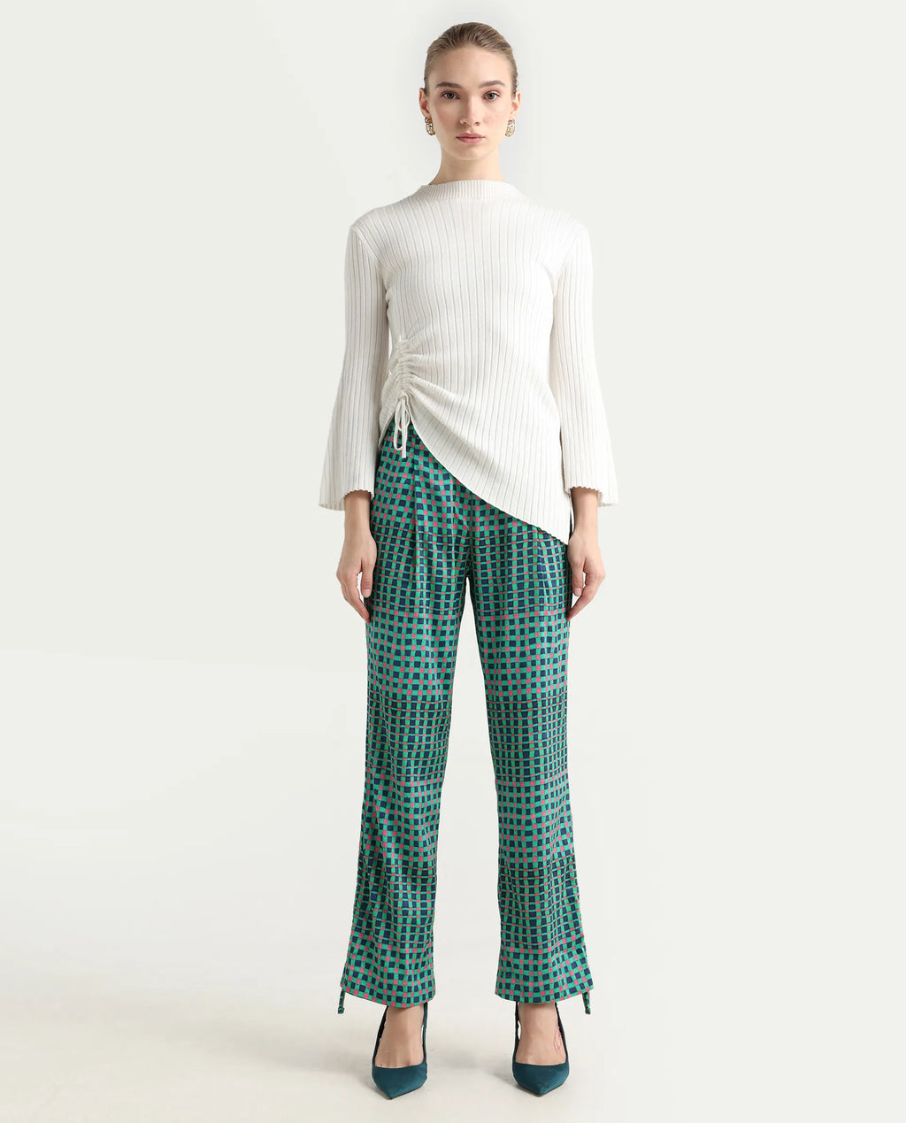 Rareism Women's Leora Green Polyester Geometric Print Ankle Length Tailored Trouser