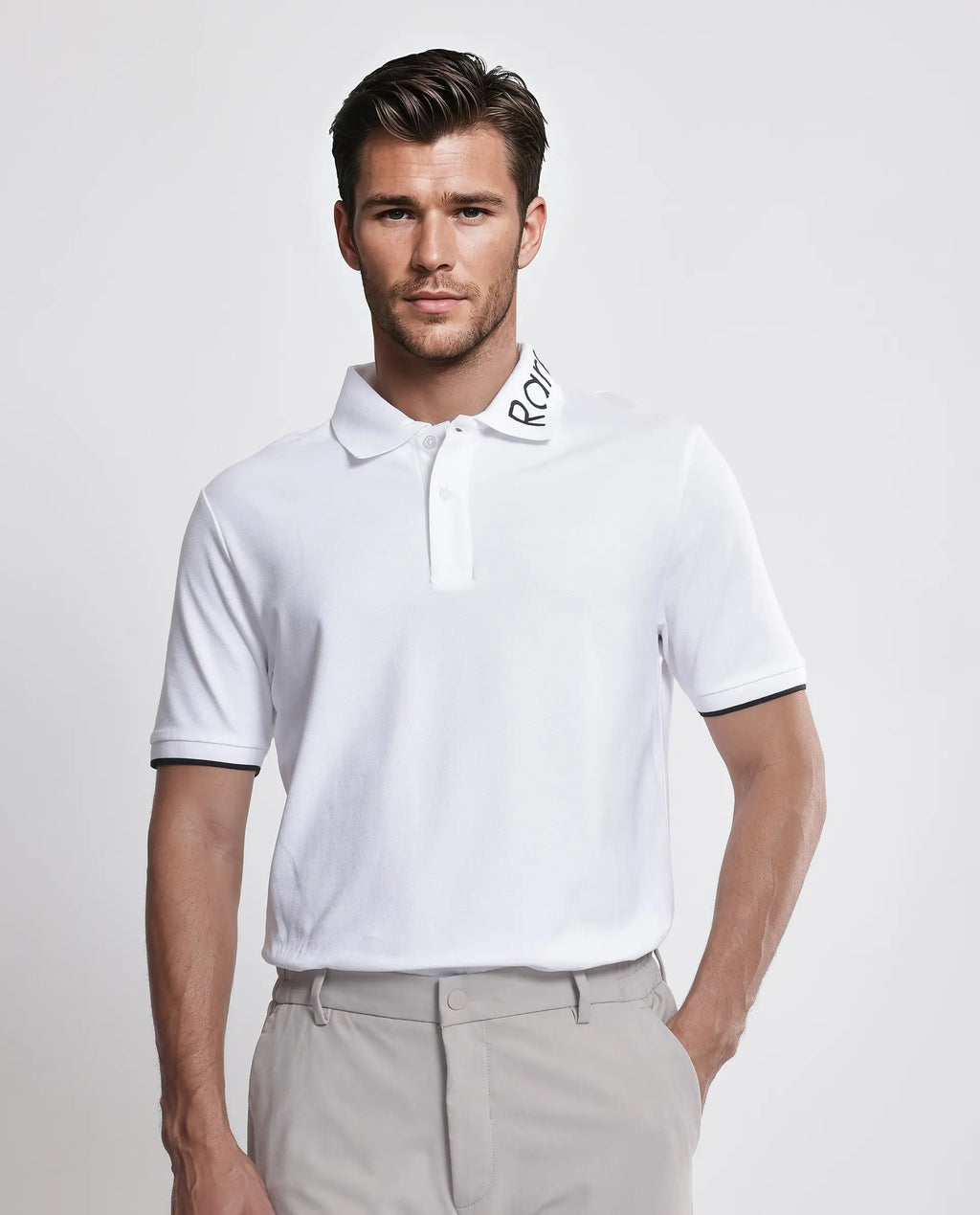 Rare Rabbit Men's Limo White Cotton Embroidered Regular Fit Half Sleeve Polo