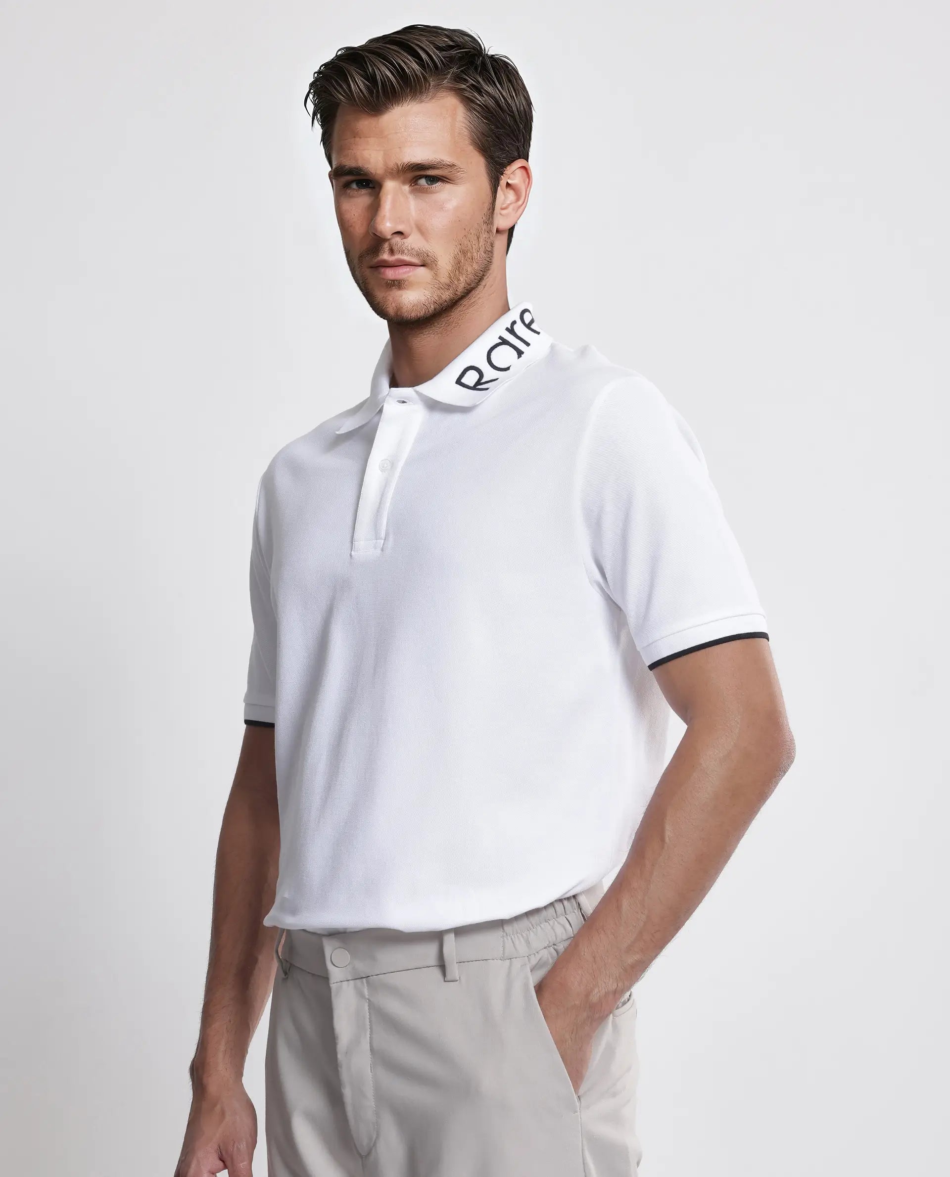 Rare Rabbit Men's Limo White Cotton Embroidered Regular Fit Half Sleeve Polo